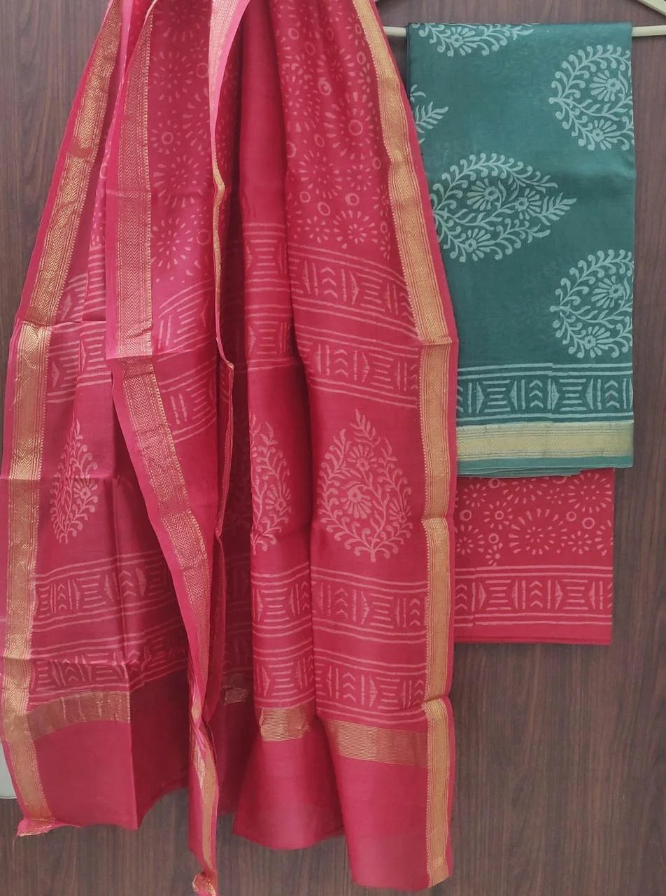 Handblock Printed Maheshwari Silk Salwar Suit Sets