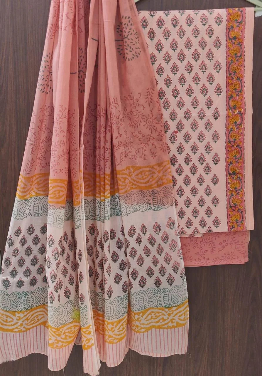 Printed Unstitched Cotton Salwar Suit With Mulmul Dupatta