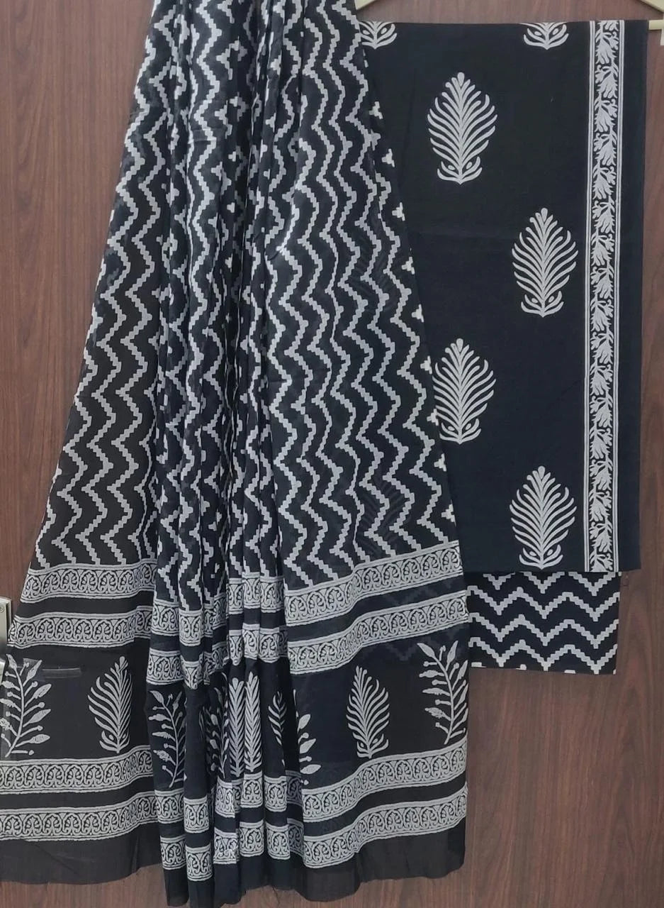 Printed Unstitched Cotton Salwar Suit With Mulmul Dupatta