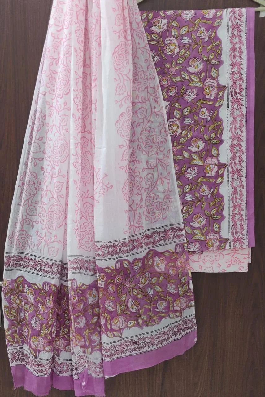 Printed Unstitched Cotton Salwar Suit With Mulmul Dupatta