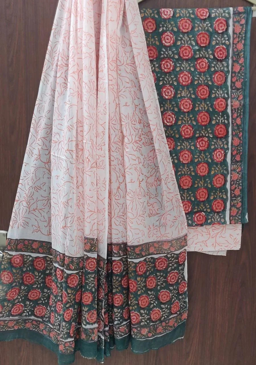 Printed Unstitched Cotton Salwar Suit With Mulmul Dupatta