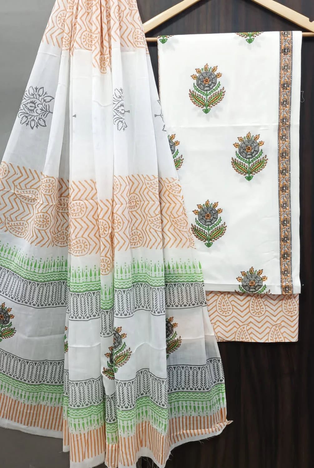 Printed Unstitched Cotton Salwar Suit With Mulmul Dupatta