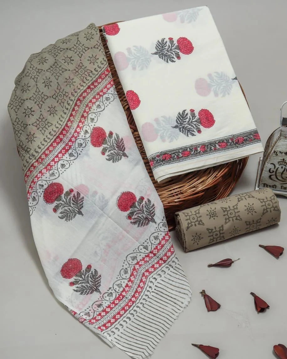 Printed Unstitched Cotton Salwar Suit With Mulmul Dupatta