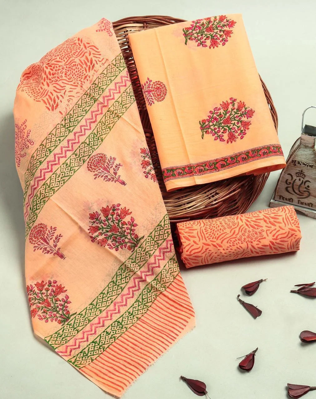 Printed Unstitched Cotton Salwar Suit With Mulmul Dupatta