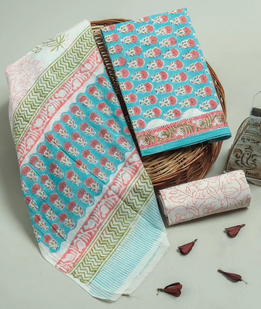 Printed Unstitched Cotton Salwar Suit With Mulmul Dupatta