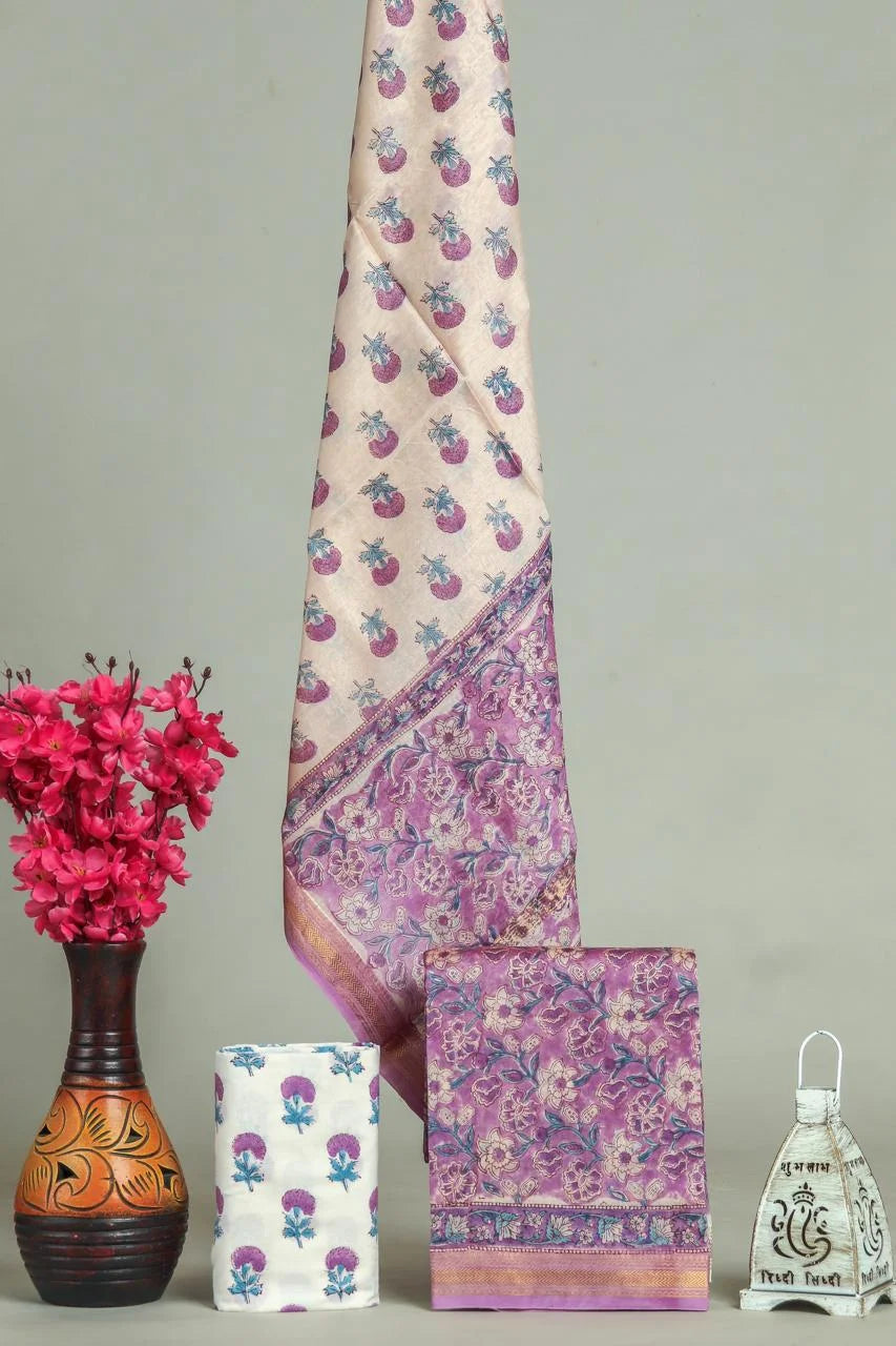 Handblock Printed Maheshwari Silk Salwar Suit Sets