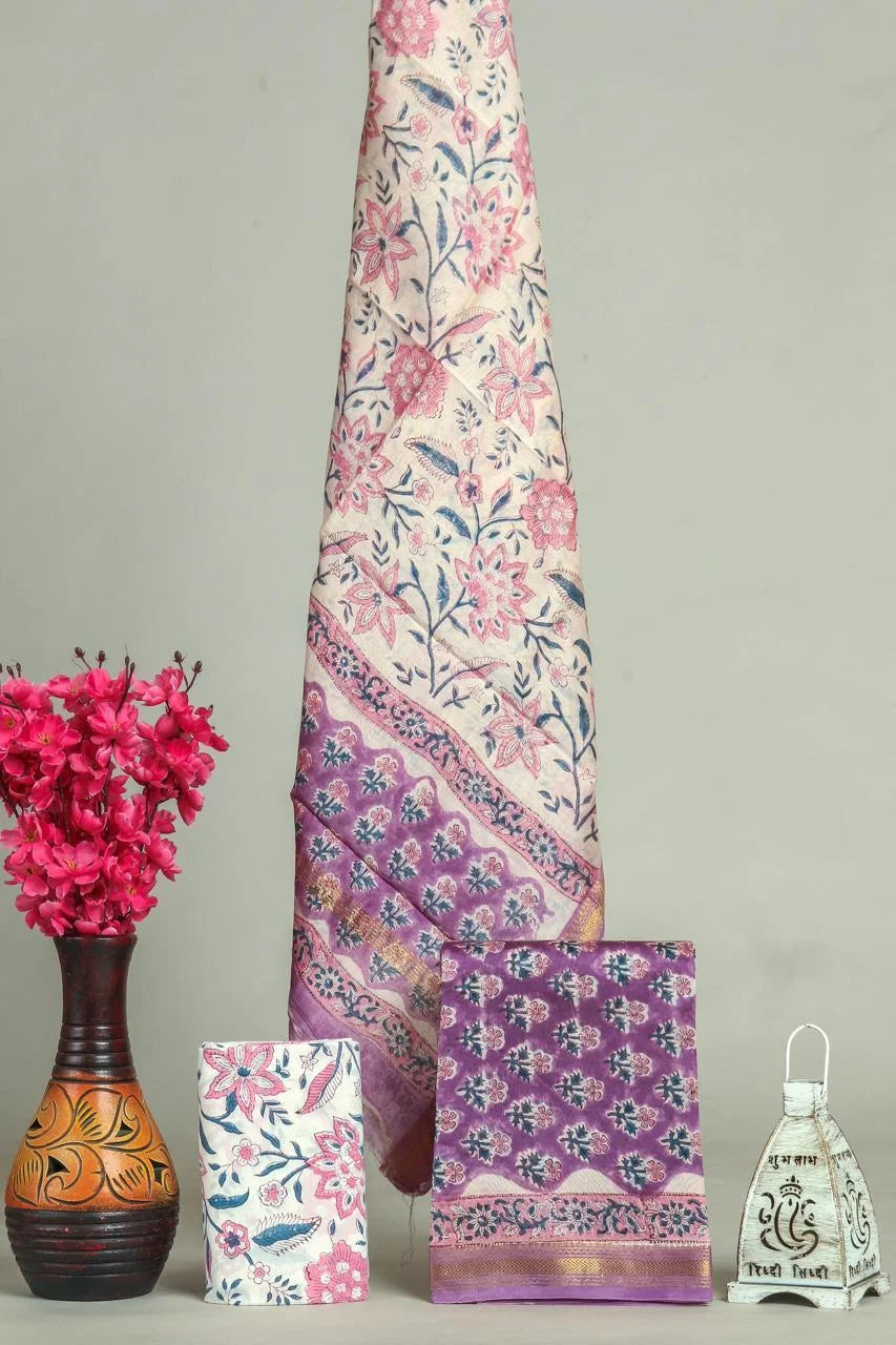Handblock Printed Maheshwari Silk Salwar Suit Sets