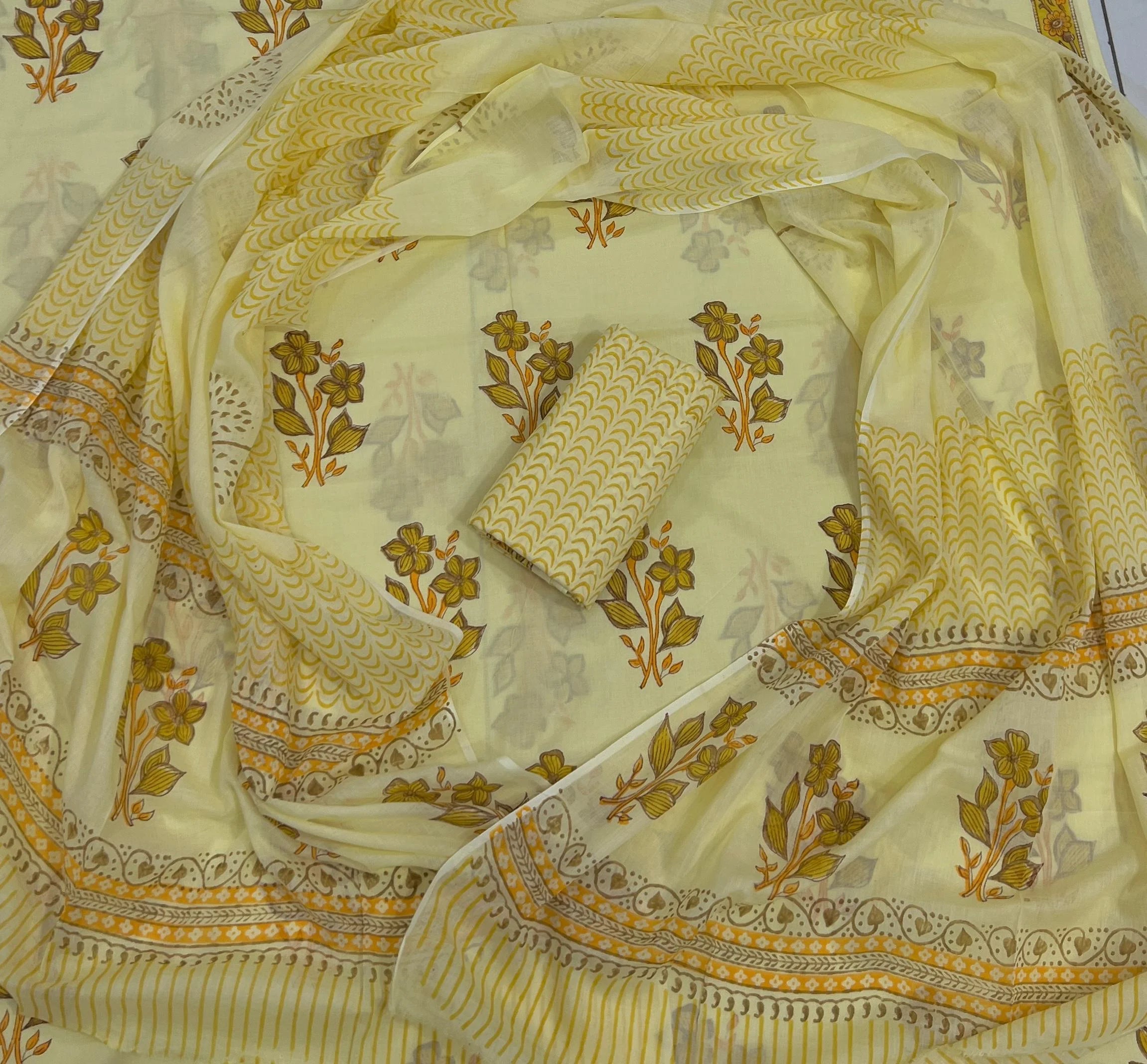 Printed Unstitched Cotton Salwar Suit With Mulmul Dupatta
