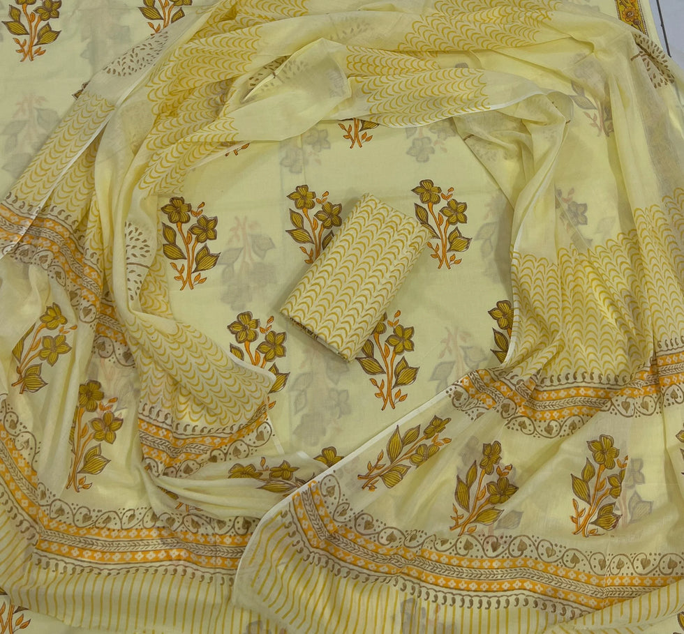 Printed Unstitched Cotton Salwar Suit With Mulmul Dupatta