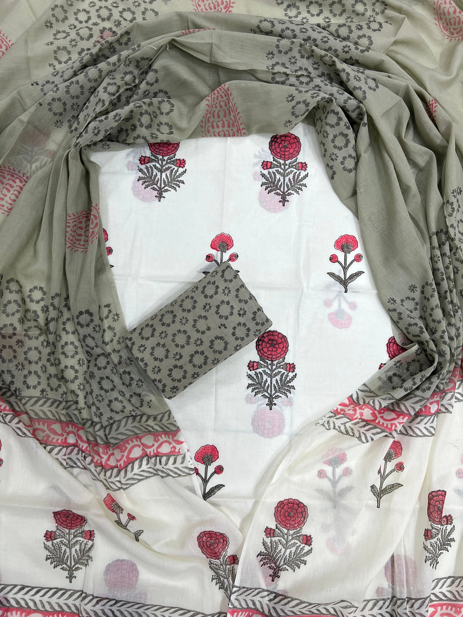 Printed Unstitched Cotton Salwar Suit With Mulmul Dupatta