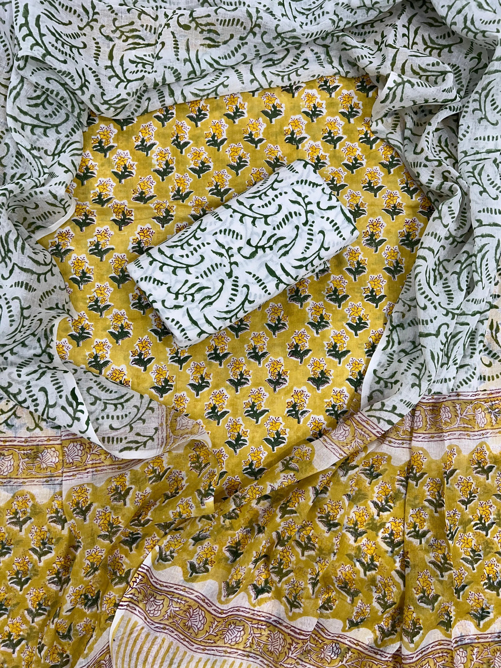 Printed Unstitched Cotton Salwar Suit With Mulmul Dupatta