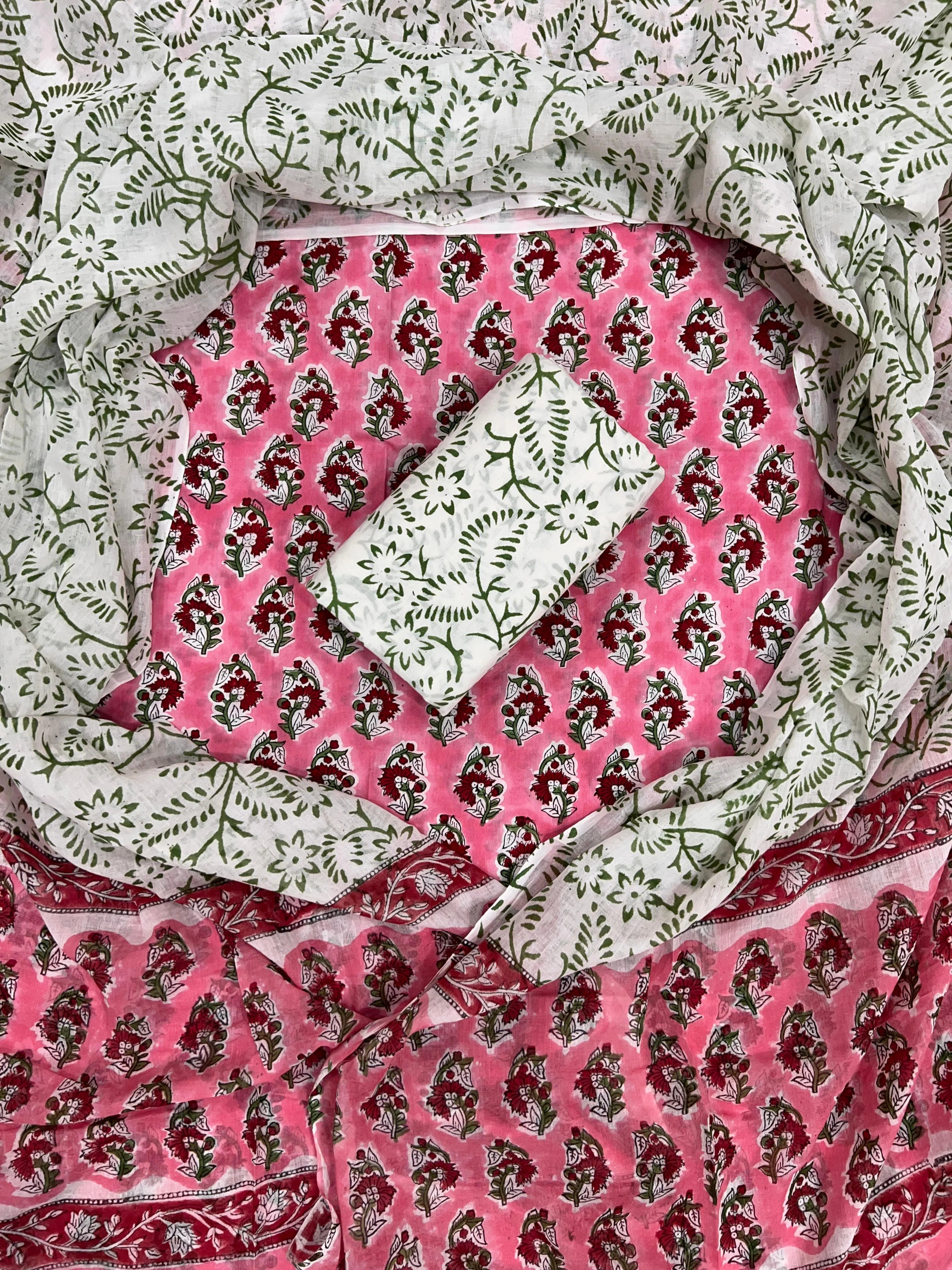 Printed Unstitched Cotton Salwar Suit With Mulmul Dupatta