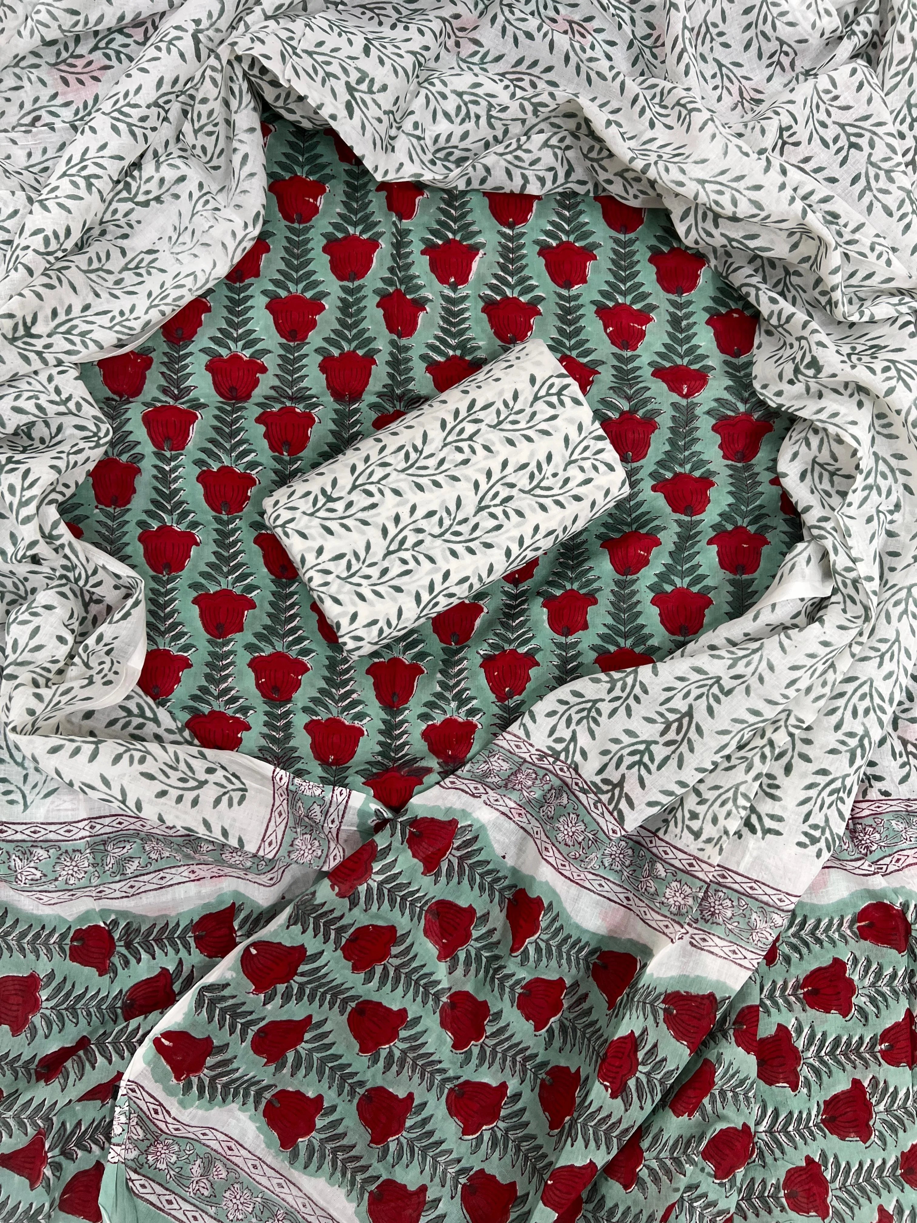 Printed Unstitched Cotton Salwar Suit With Mulmul Dupatta