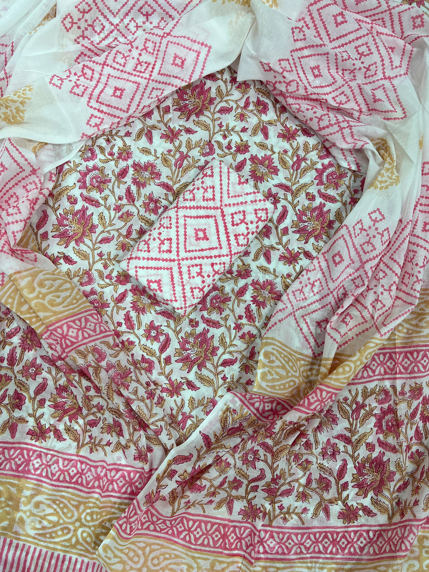 Printed Unstitched Cotton Salwar Suit With Mulmul Dupatta