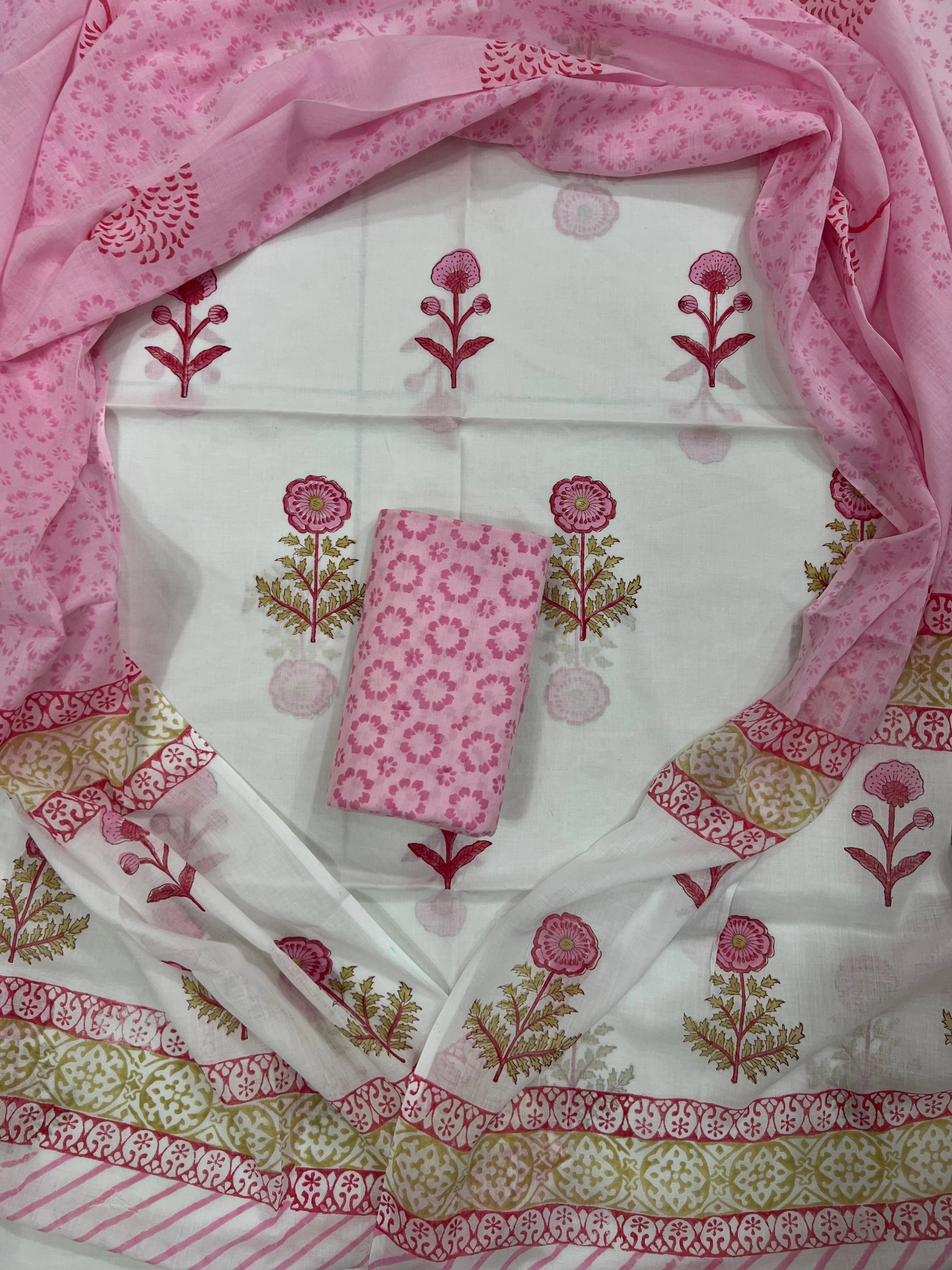 Printed Unstitched Cotton Salwar Suit With Mulmul Dupatta