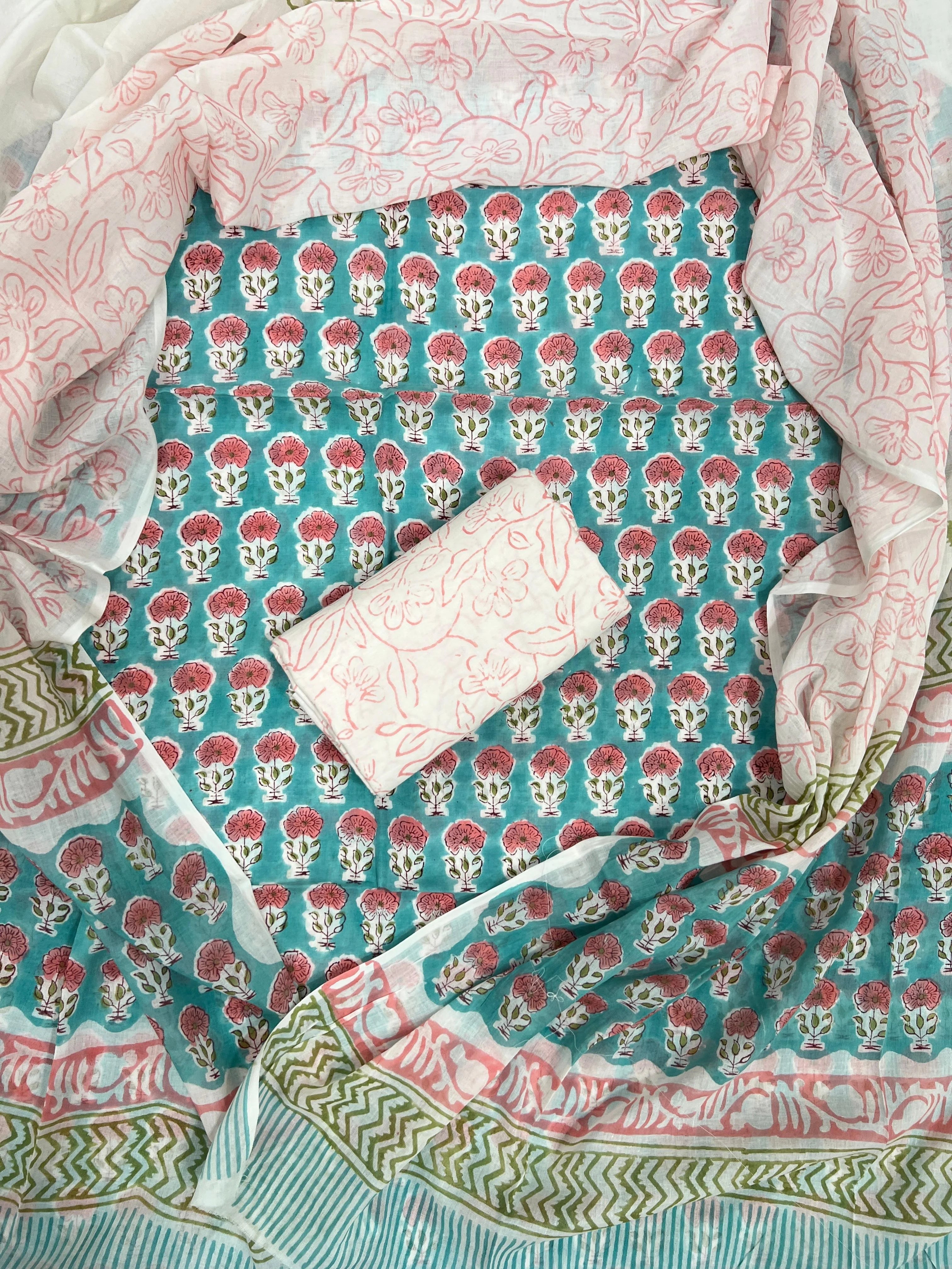 Printed Unstitched Cotton Salwar Suit With Mulmul Dupatta