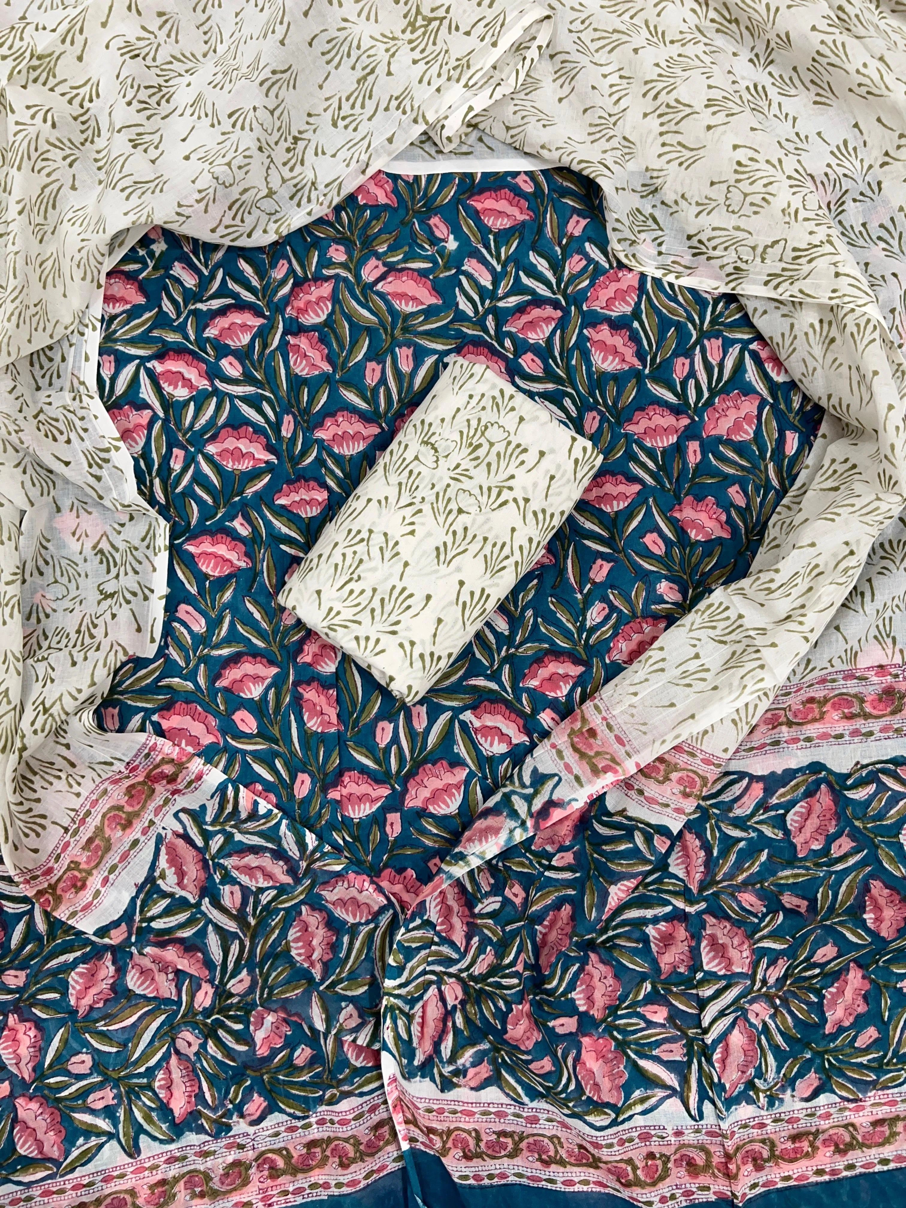 Printed Unstitched Cotton Salwar Suit With Mulmul Dupatta