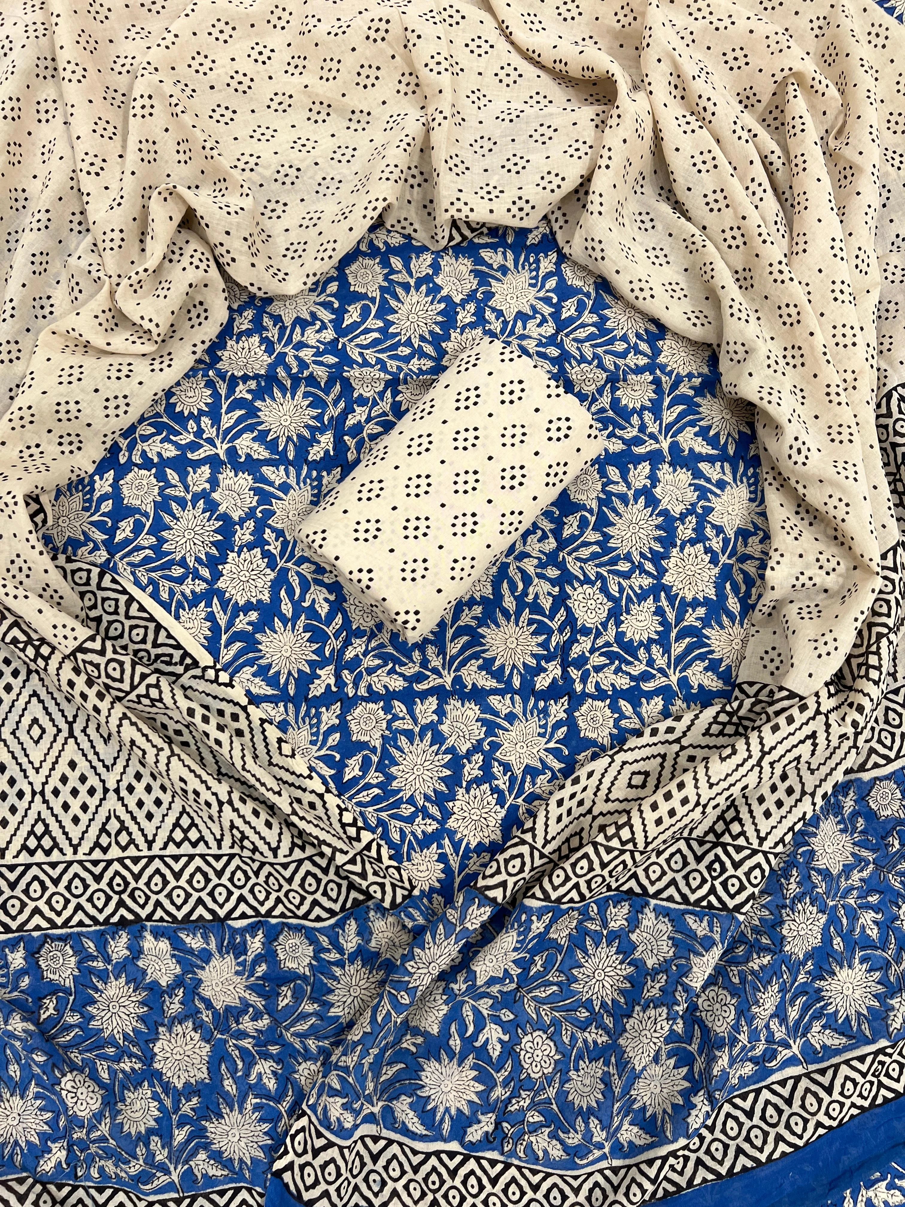 Printed Unstitched Cotton Salwar Suit With Mulmul Dupatta