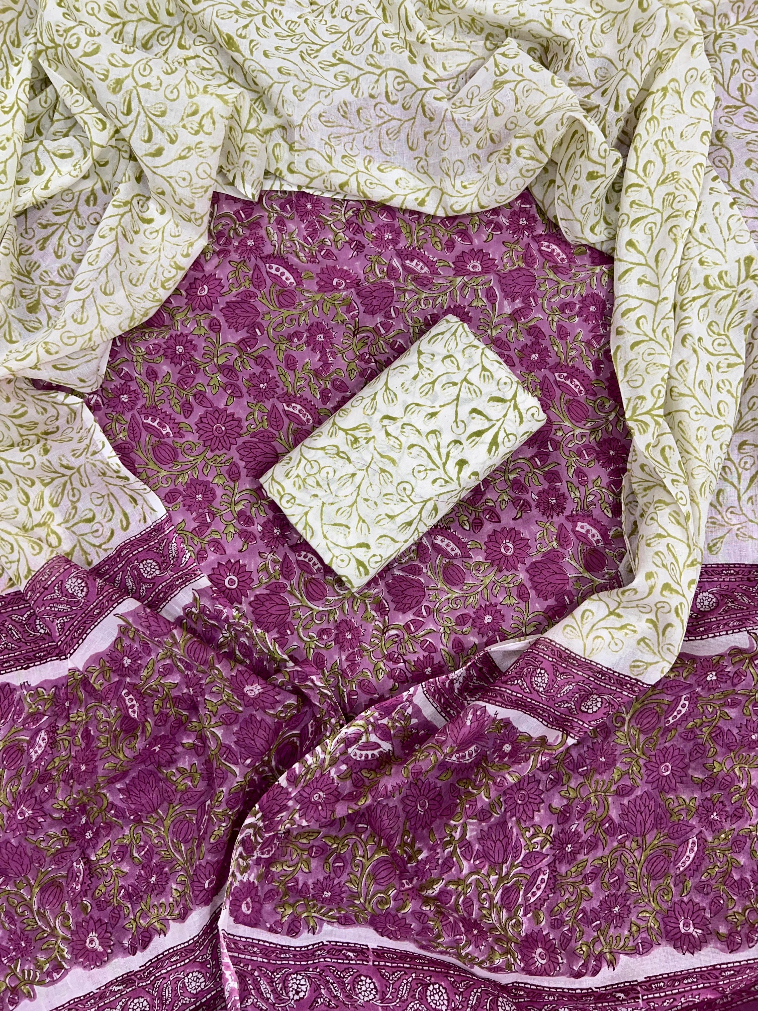 Printed Unstitched Cotton Salwar Suit With Mulmul Dupatta