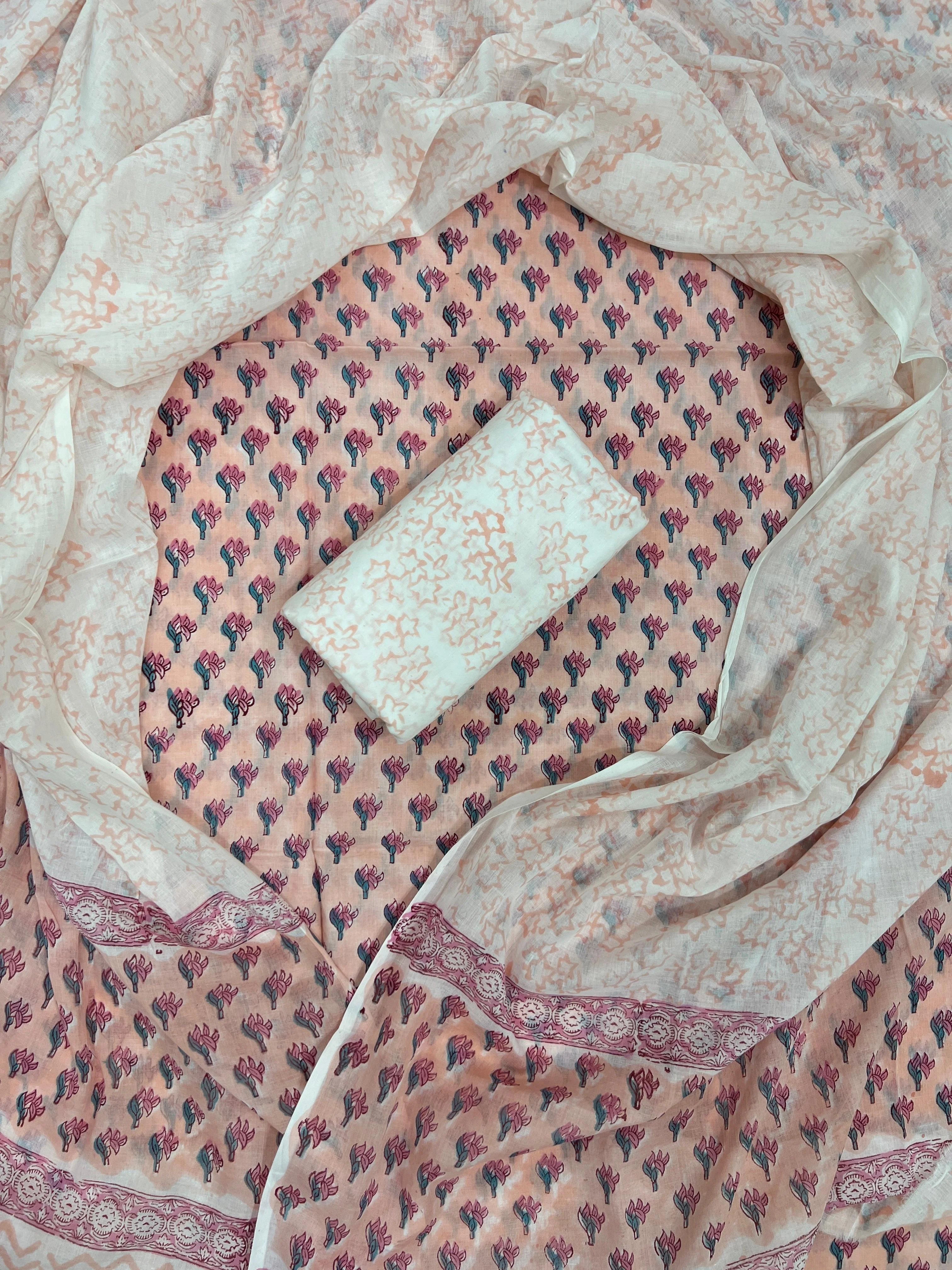 Printed Unstitched Cotton Salwar Suit With Mulmul Dupatta