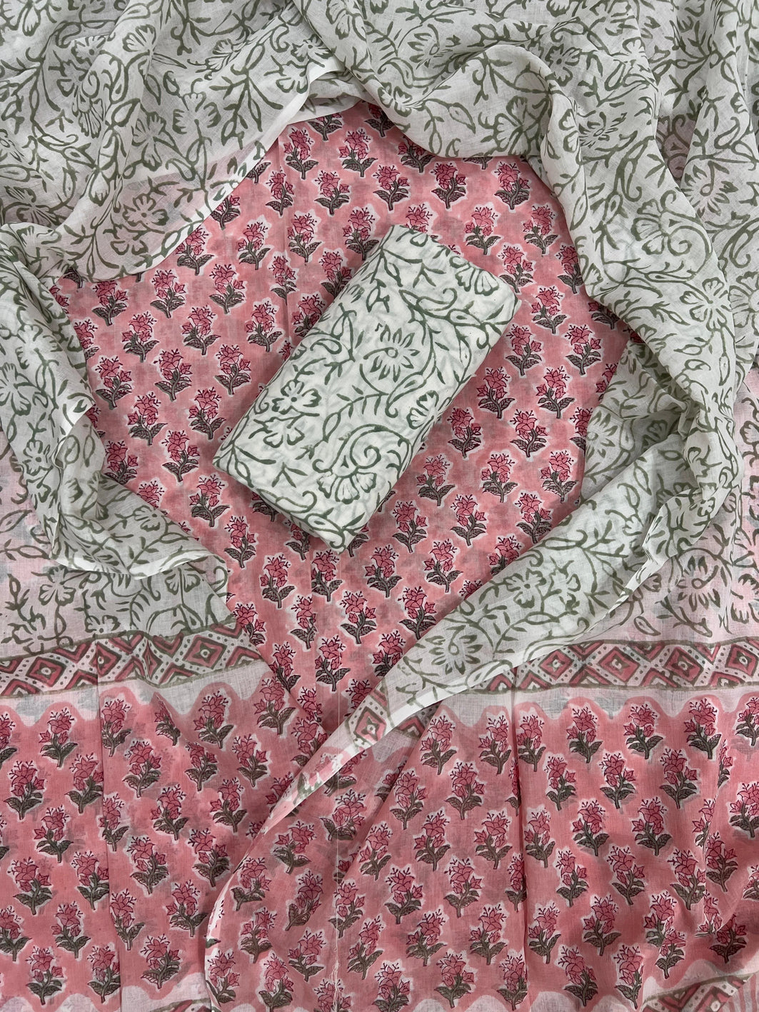 Printed Unstitched Cotton Salwar Suit With Mulmul Dupatta