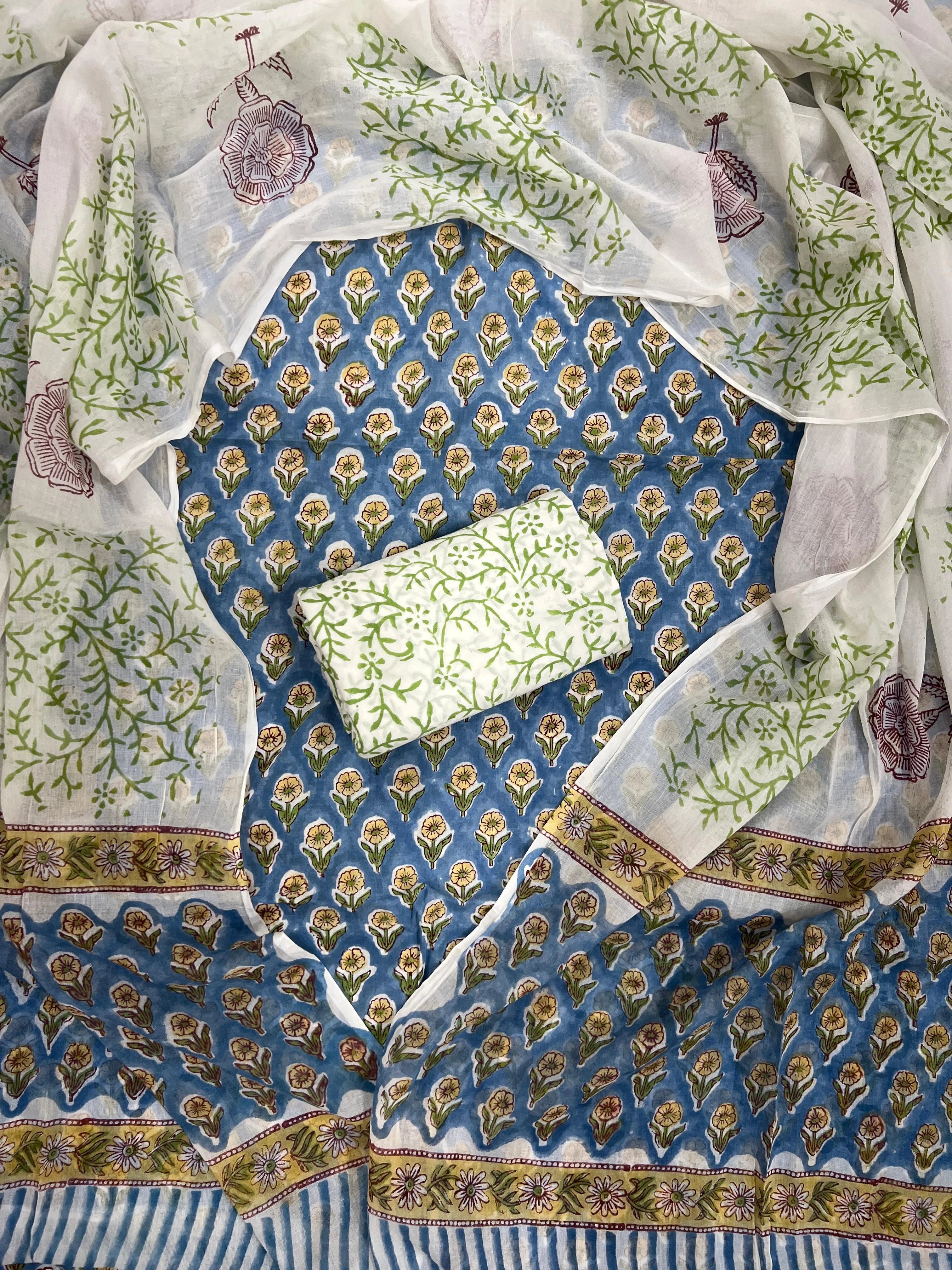 Printed Unstitched Cotton Salwar Suit With Mulmul Dupatta