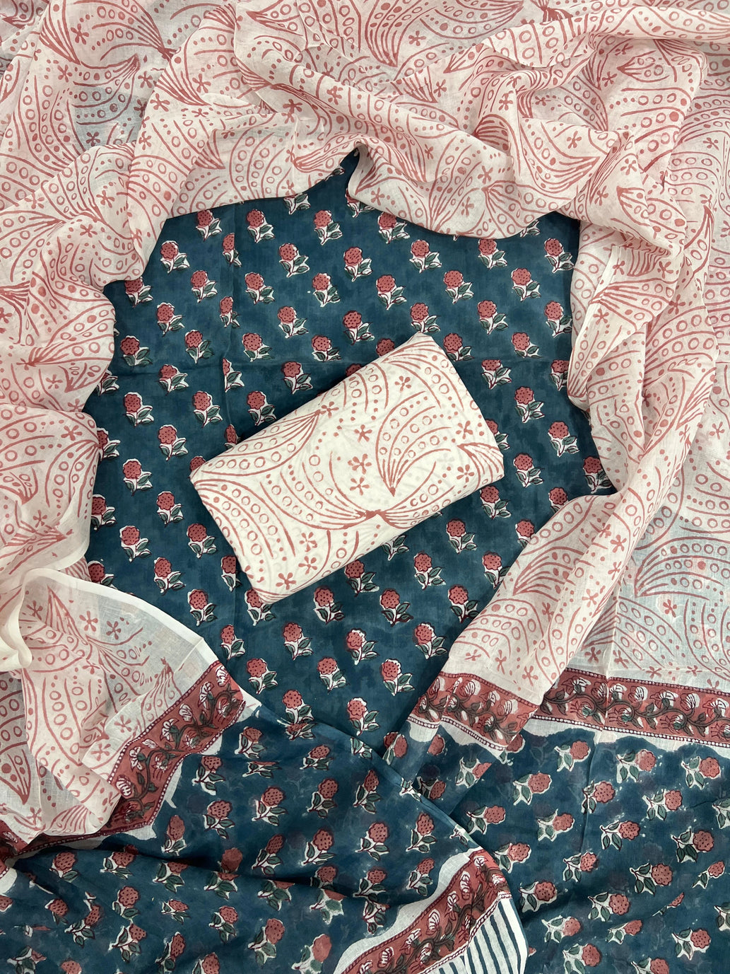 Printed Unstitched Cotton Salwar Suit With Mulmul Dupatta