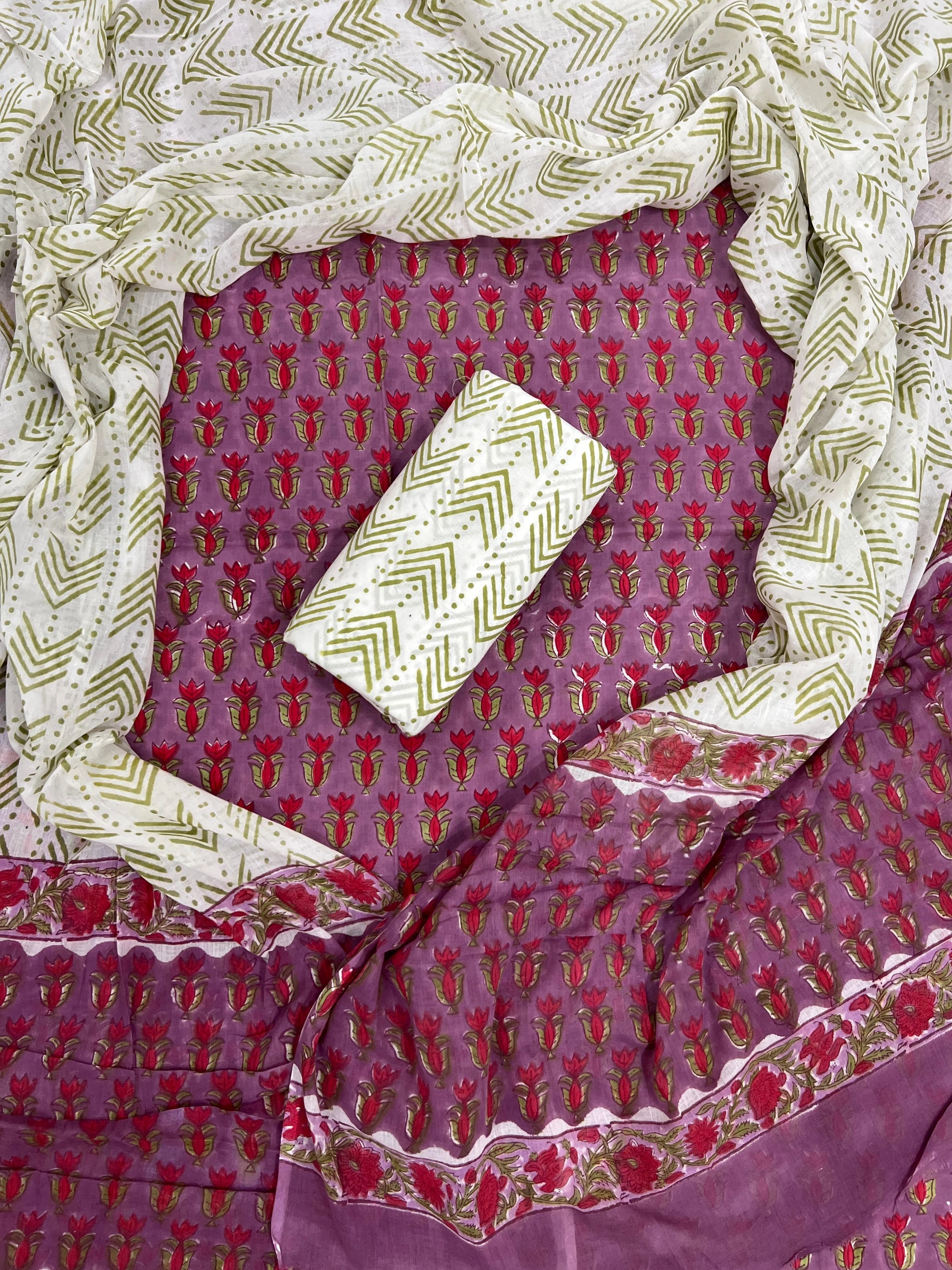 Printed Unstitched Cotton Salwar Suit With Mulmul Dupatta