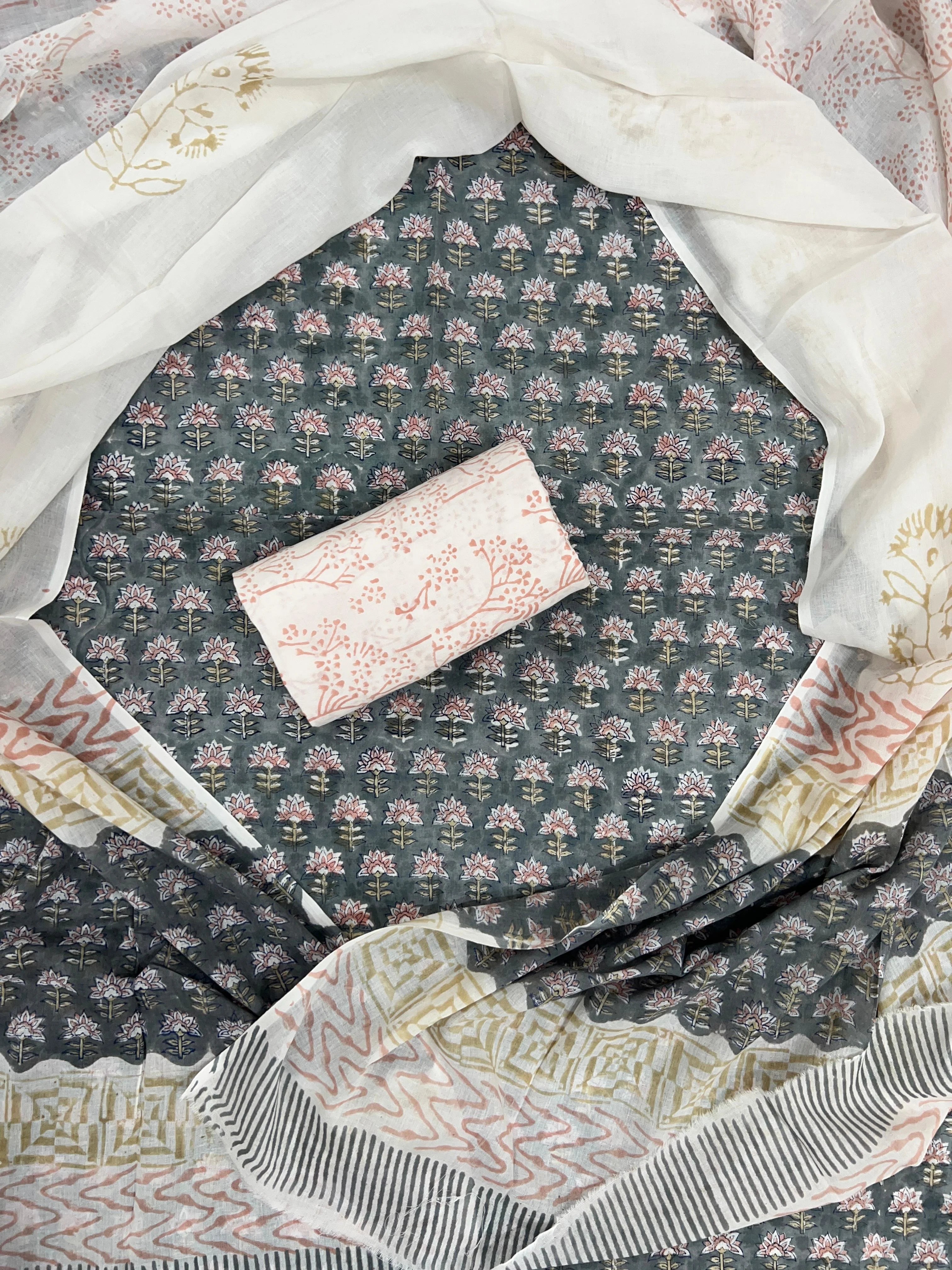 Printed Unstitched Cotton Salwar Suit With Mulmul Dupatta