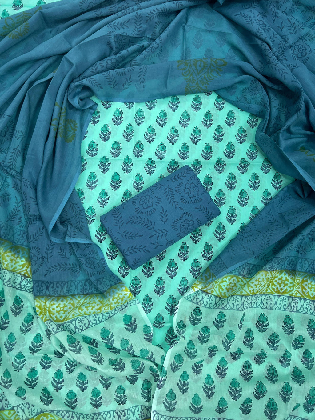 Printed Unstitched Cotton Salwar Suit With Mulmul Dupatta