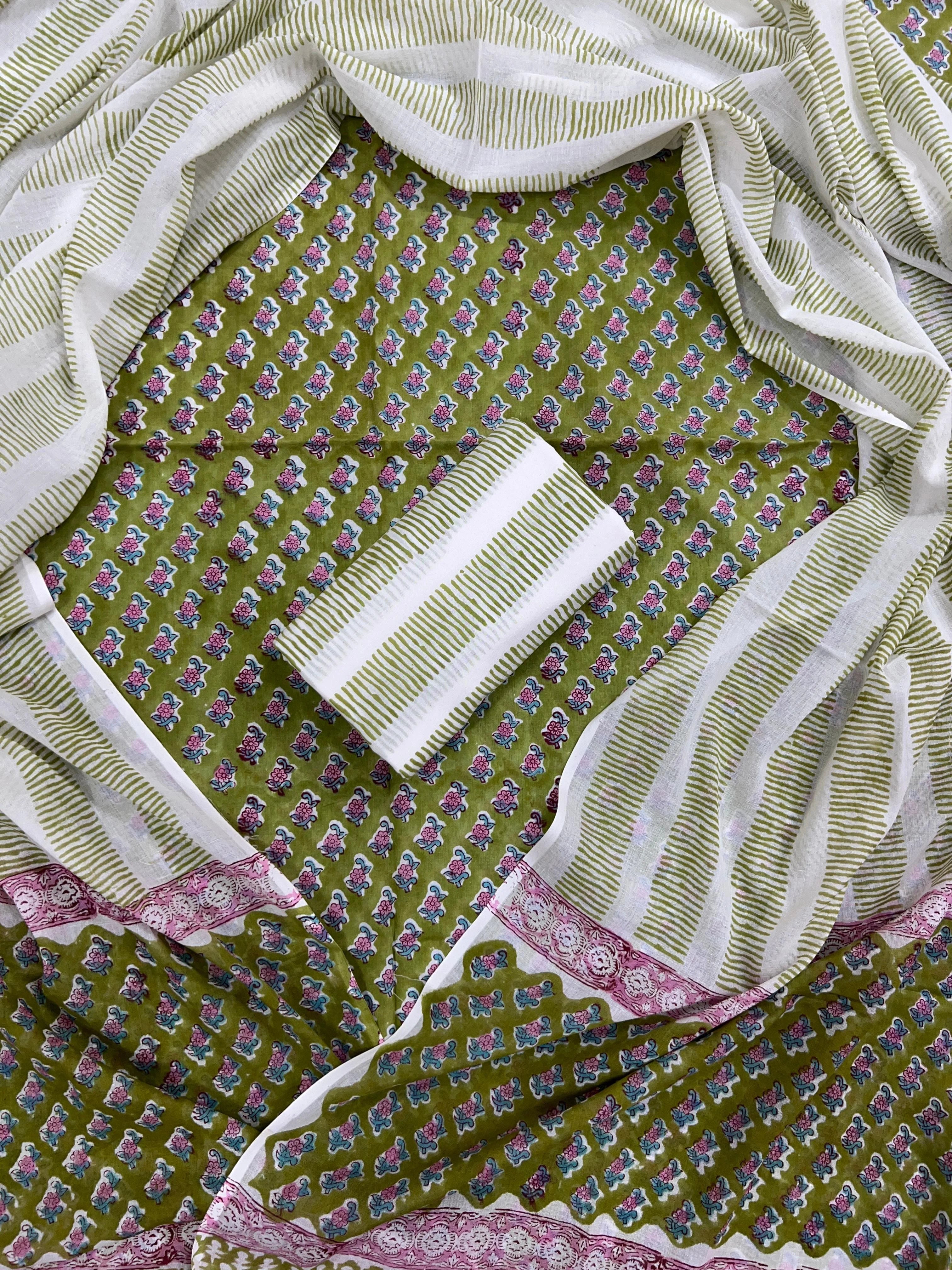 Printed Unstitched Cotton Salwar Suit With Mulmul Dupatta