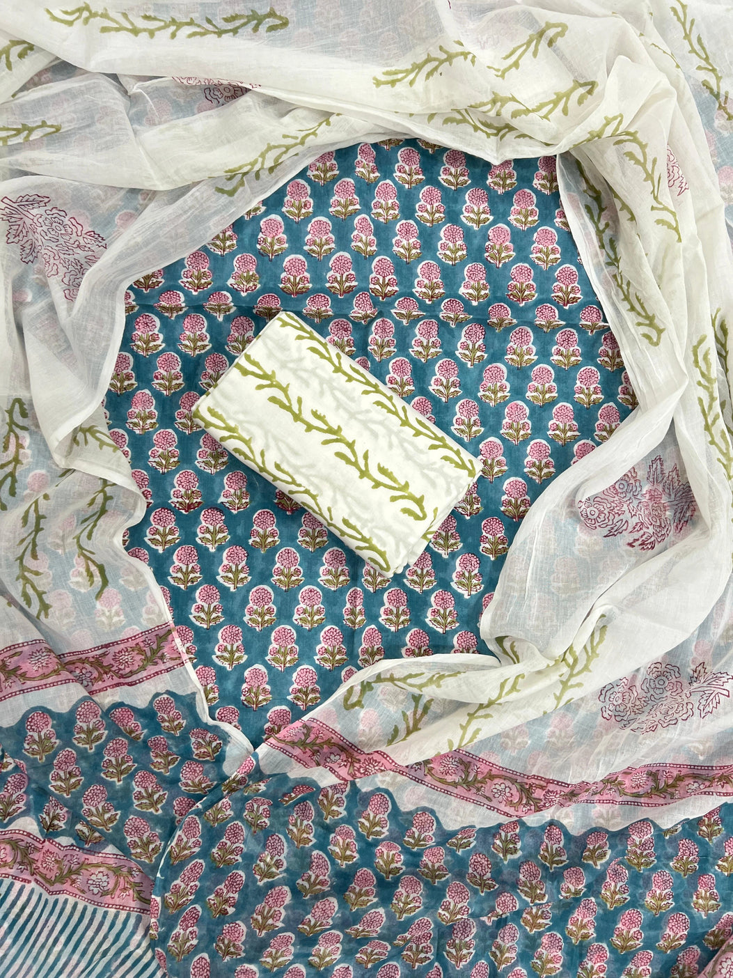 Printed Unstitched Cotton Salwar Suit With Mulmul Dupatta