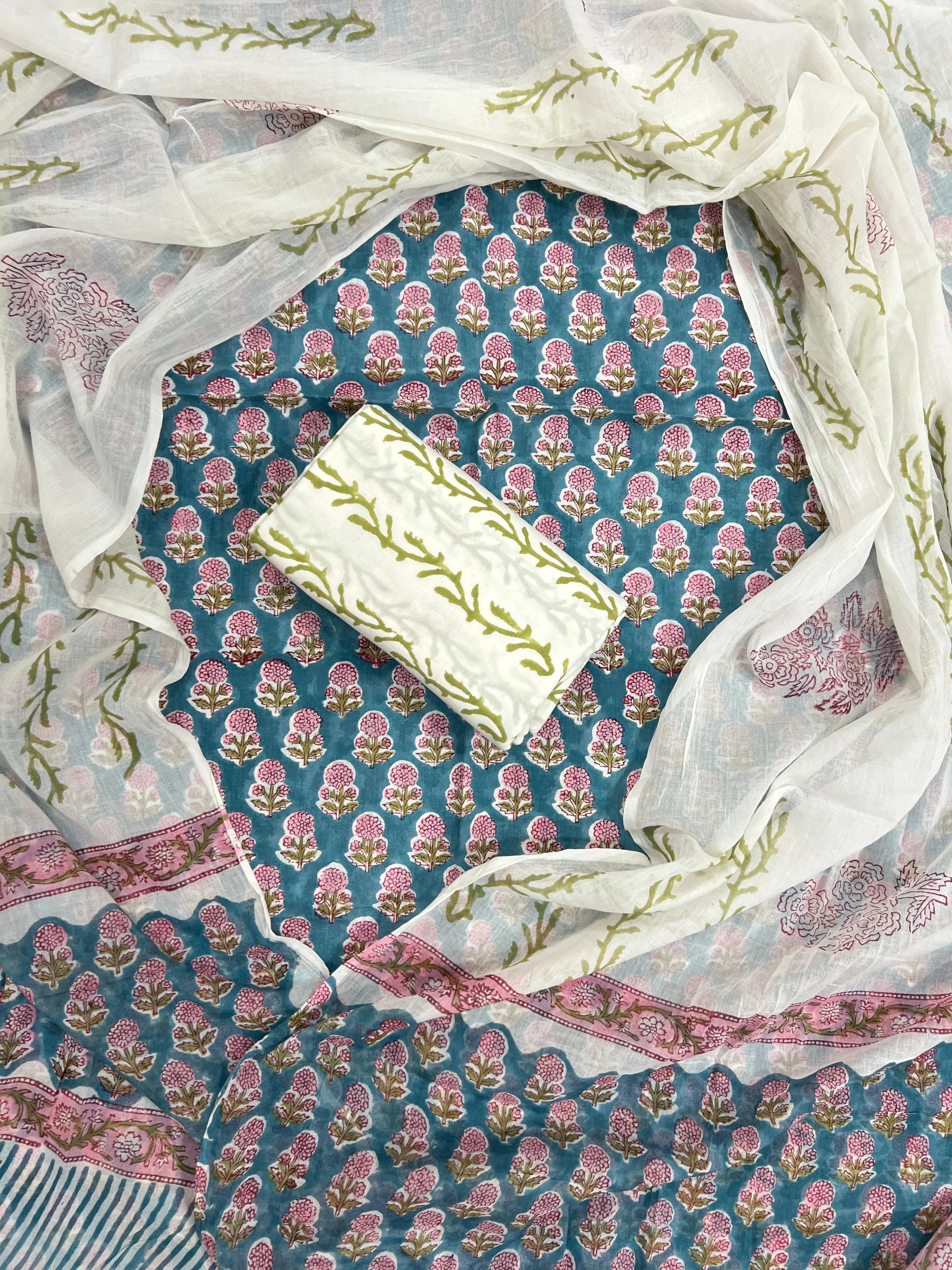 Printed Unstitched Cotton Salwar Suit With Mulmul Dupatta