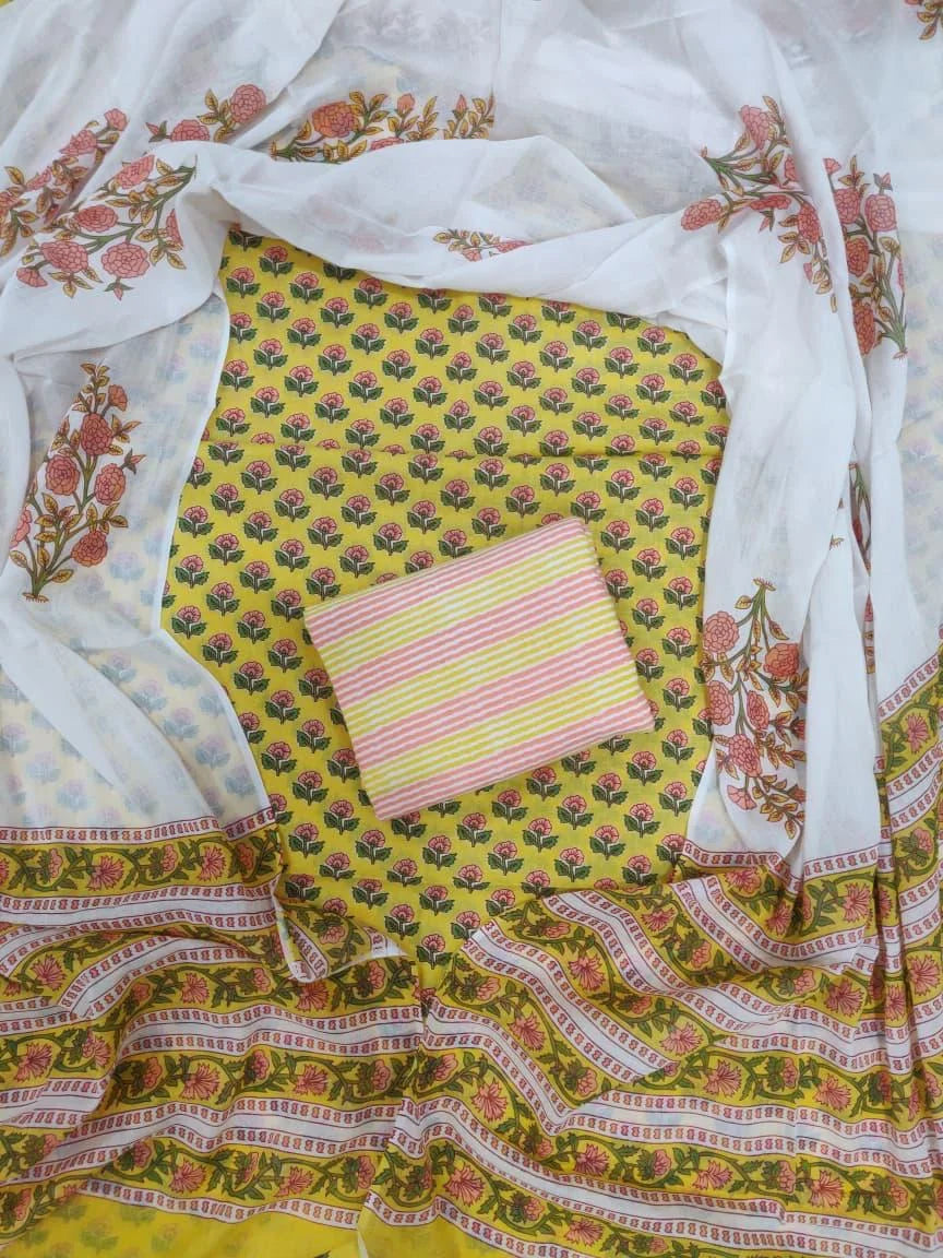 Printed Unstitched Cotton Salwar Suit With Mulmul Dupatta