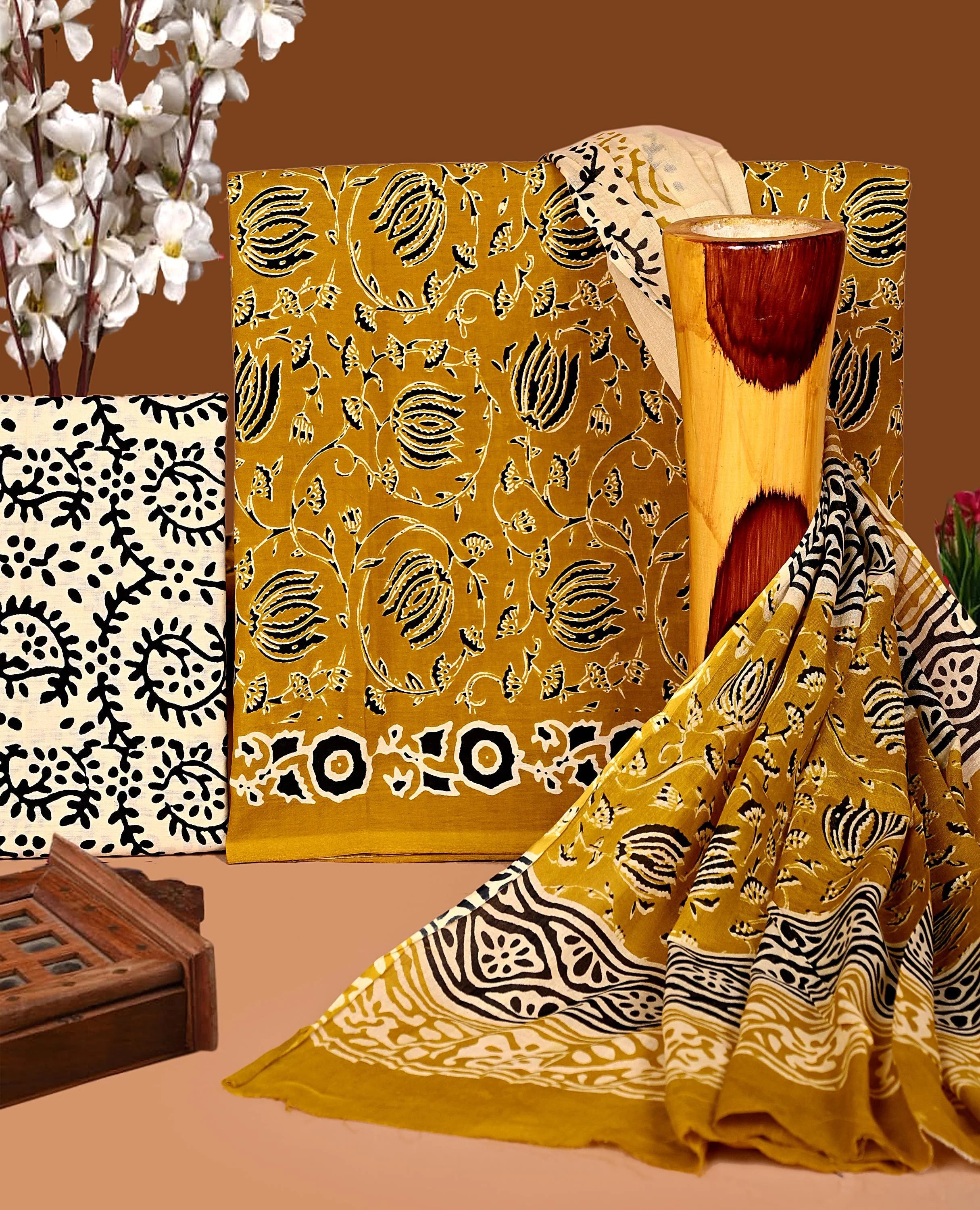 Printed Unstitched Cotton Salwar Suit With Mulmul Dupatta