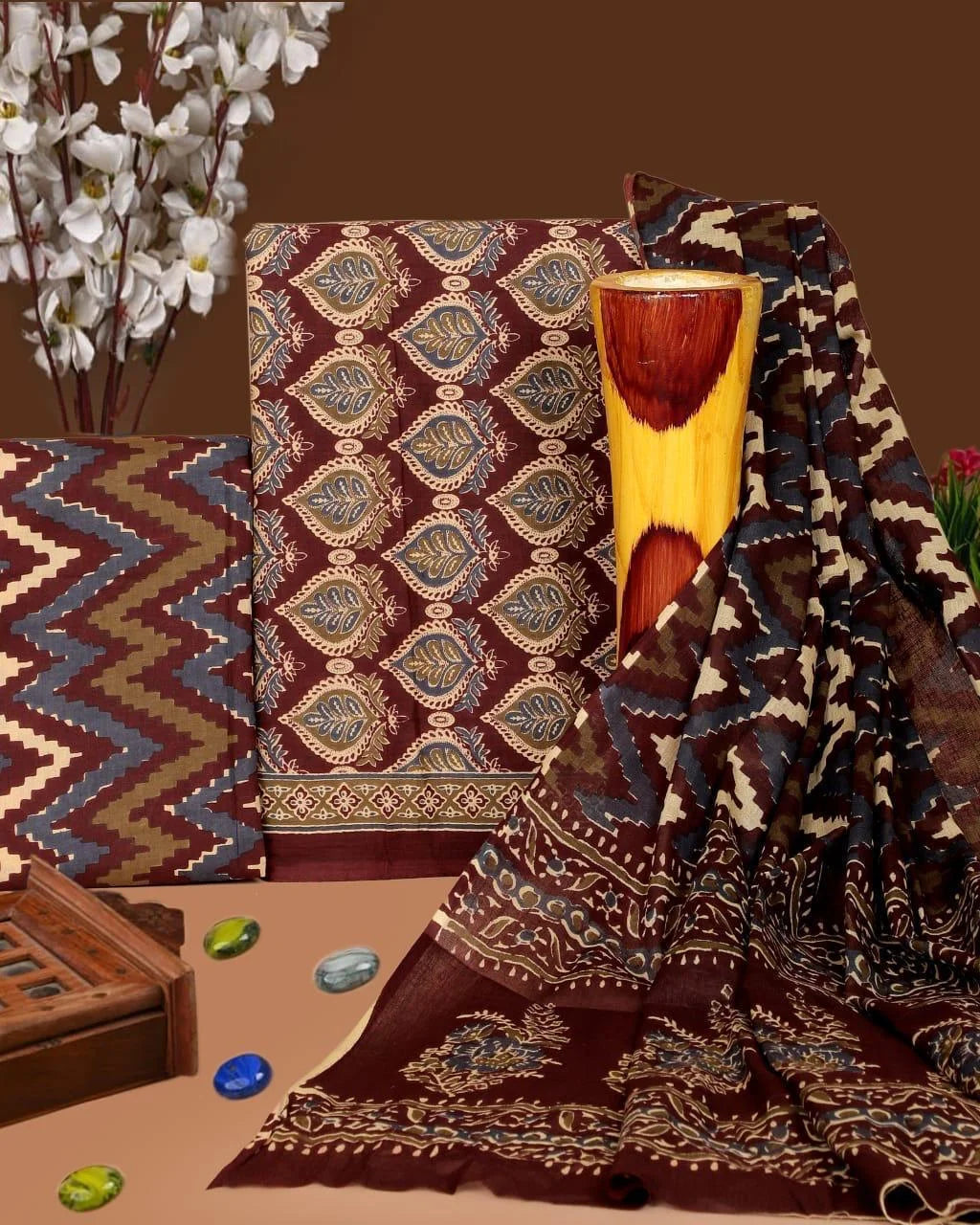 Printed Unstitched Cotton Salwar Suit With Mulmul Dupatta