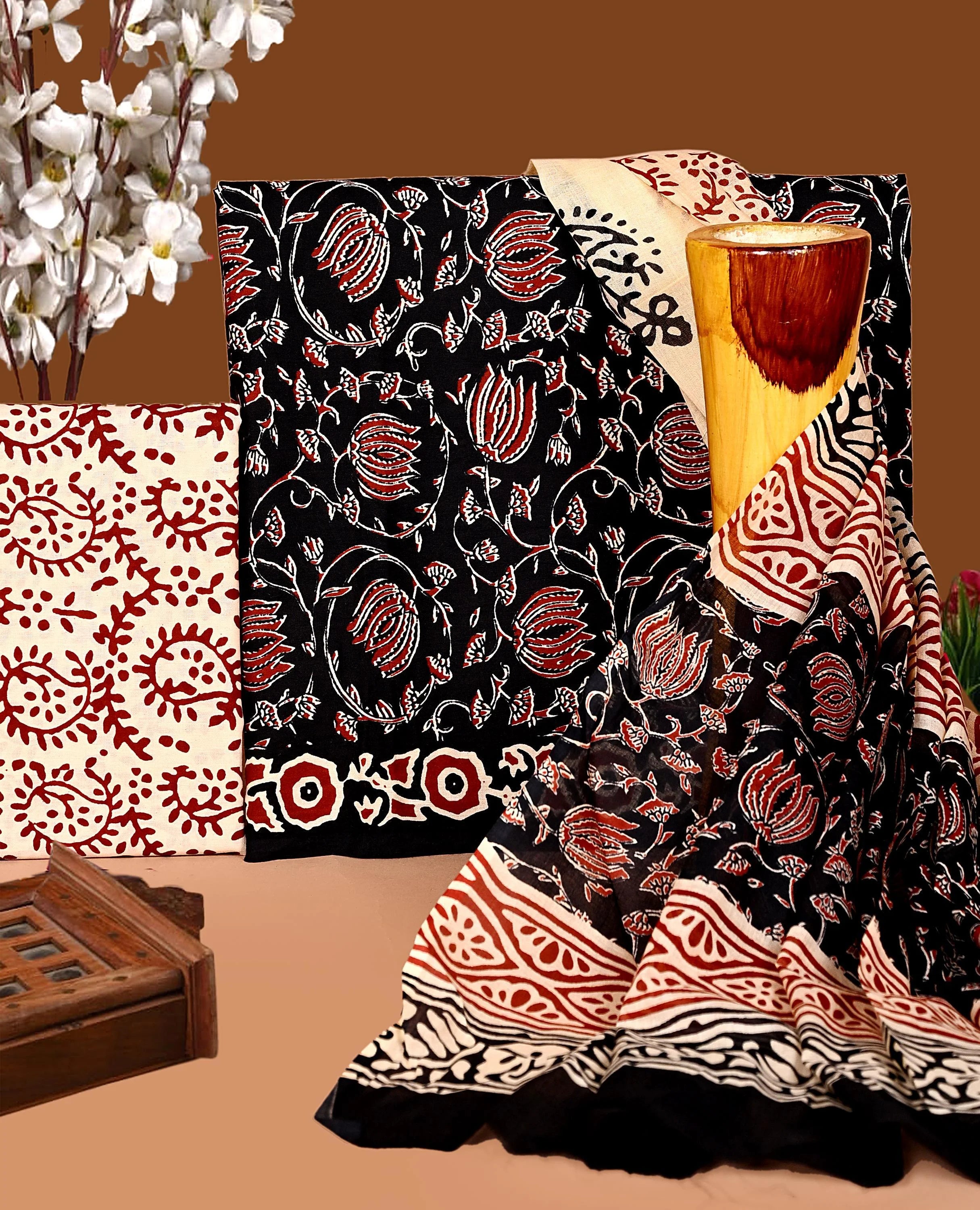 Printed Unstitched Cotton Salwar Suit With Mulmul Dupatta