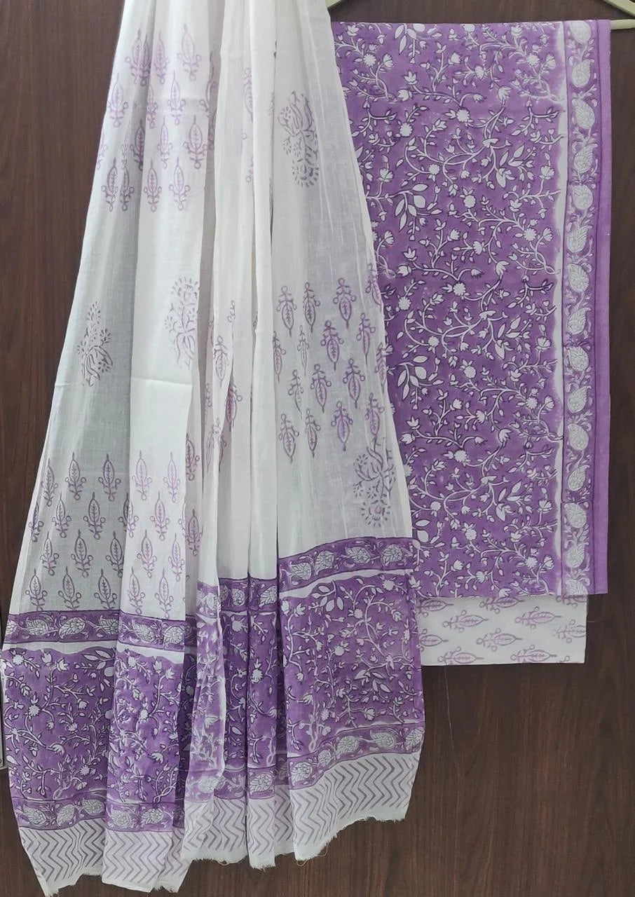 Printed Unstitched Cotton Salwar Suit With Mulmul Dupatta