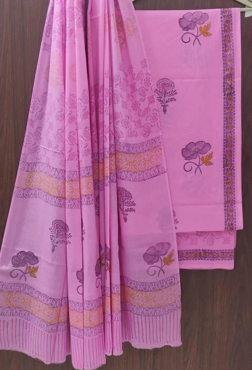 Printed Unstitched Cotton Salwar Suit With Mulmul Dupatta