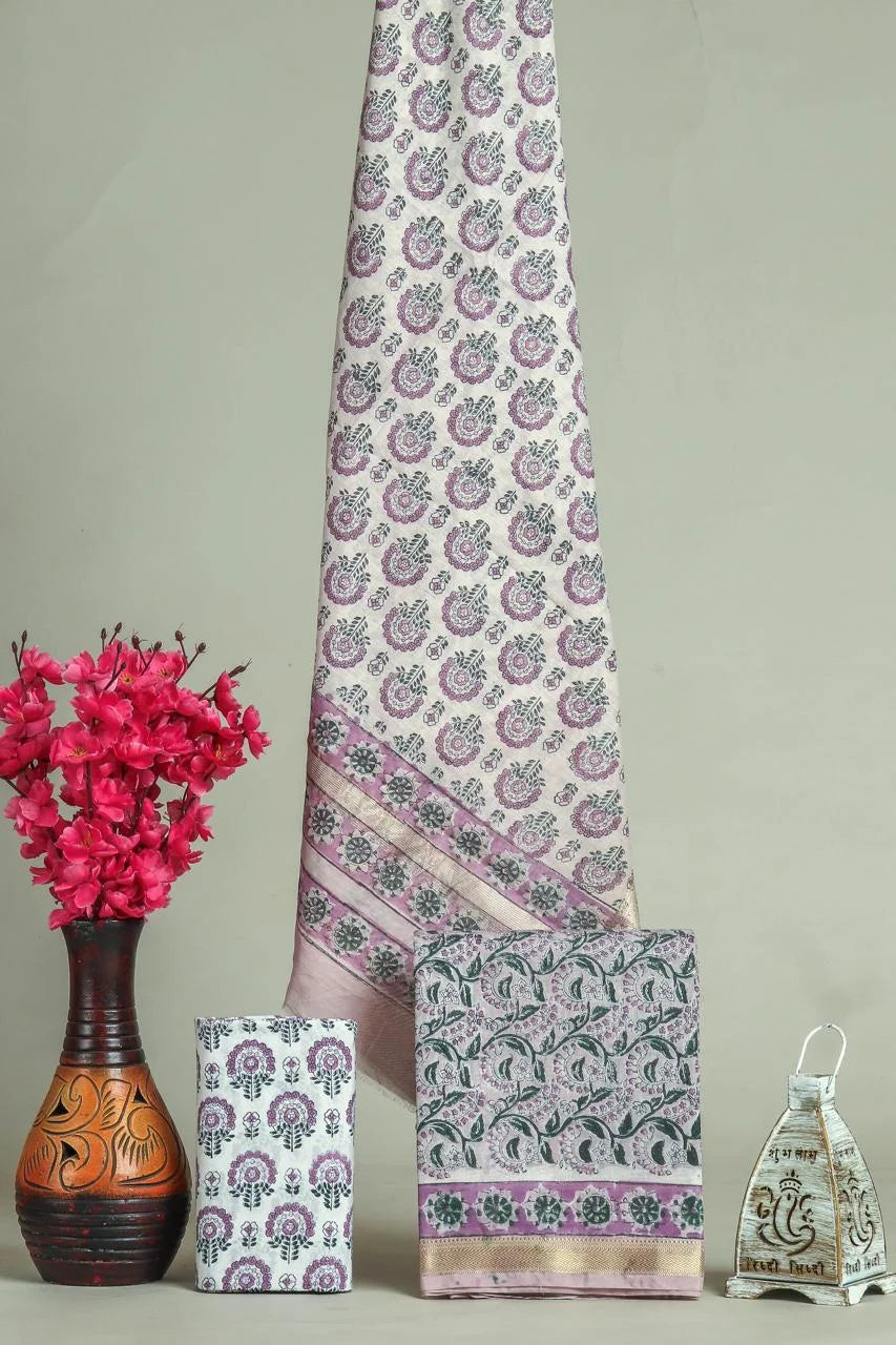 Handblock Printed Maheshwari Silk Salwar Suit Sets