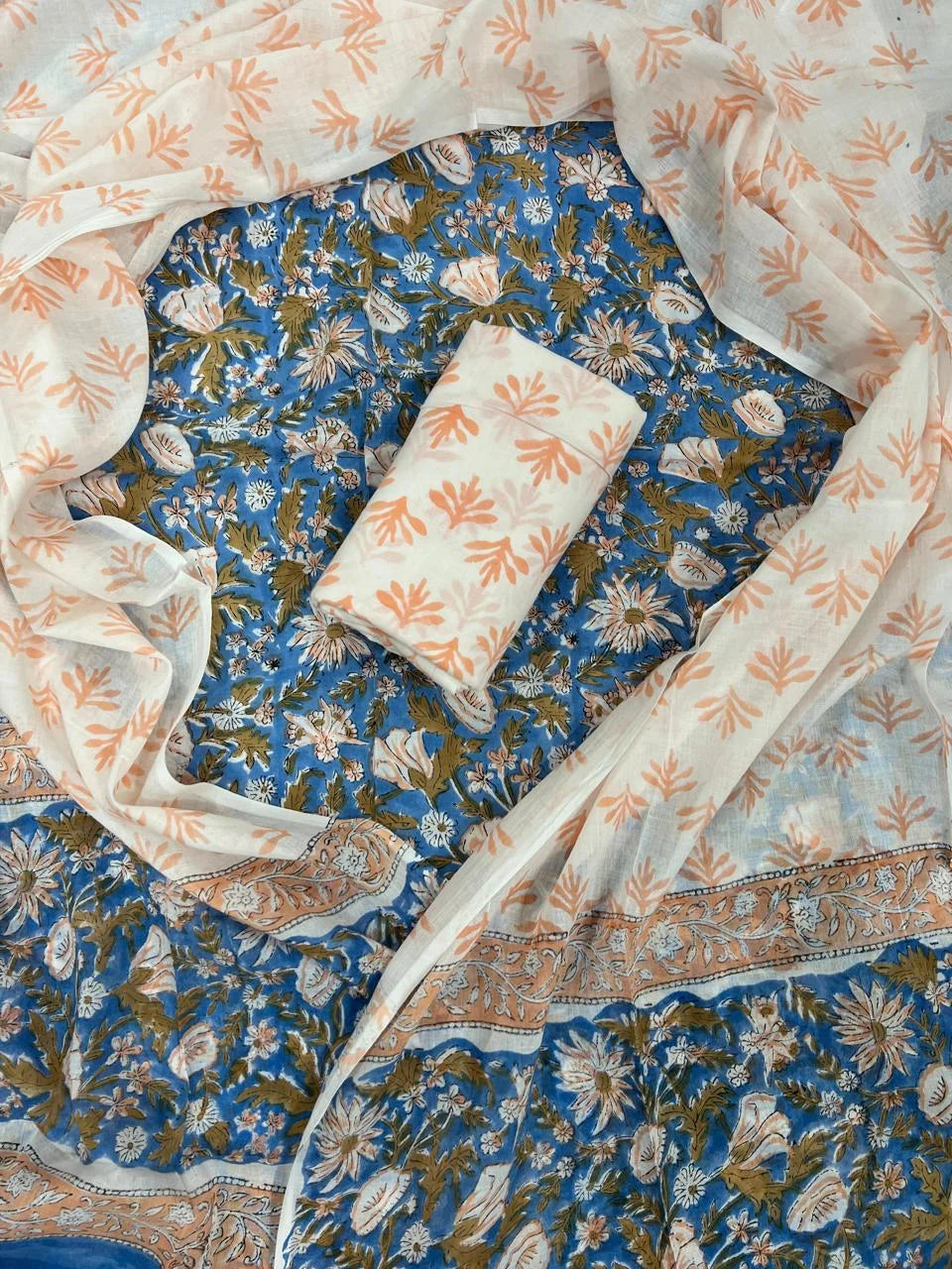 Printed Unstitched Cotton Salwar Suit With Mulmul Dupatta