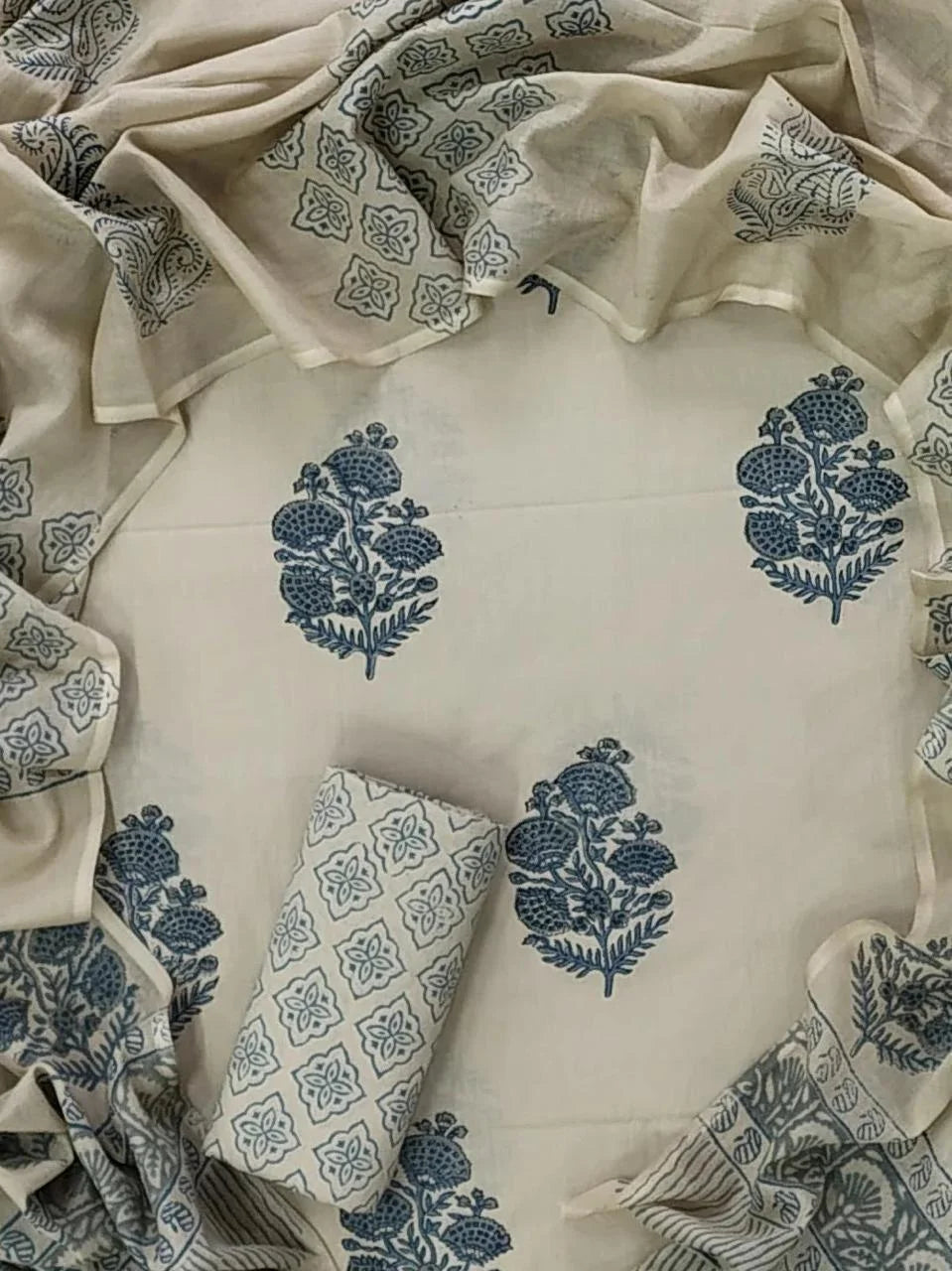 Printed Unstitched Cotton Salwar Suit With Mulmul Dupatta