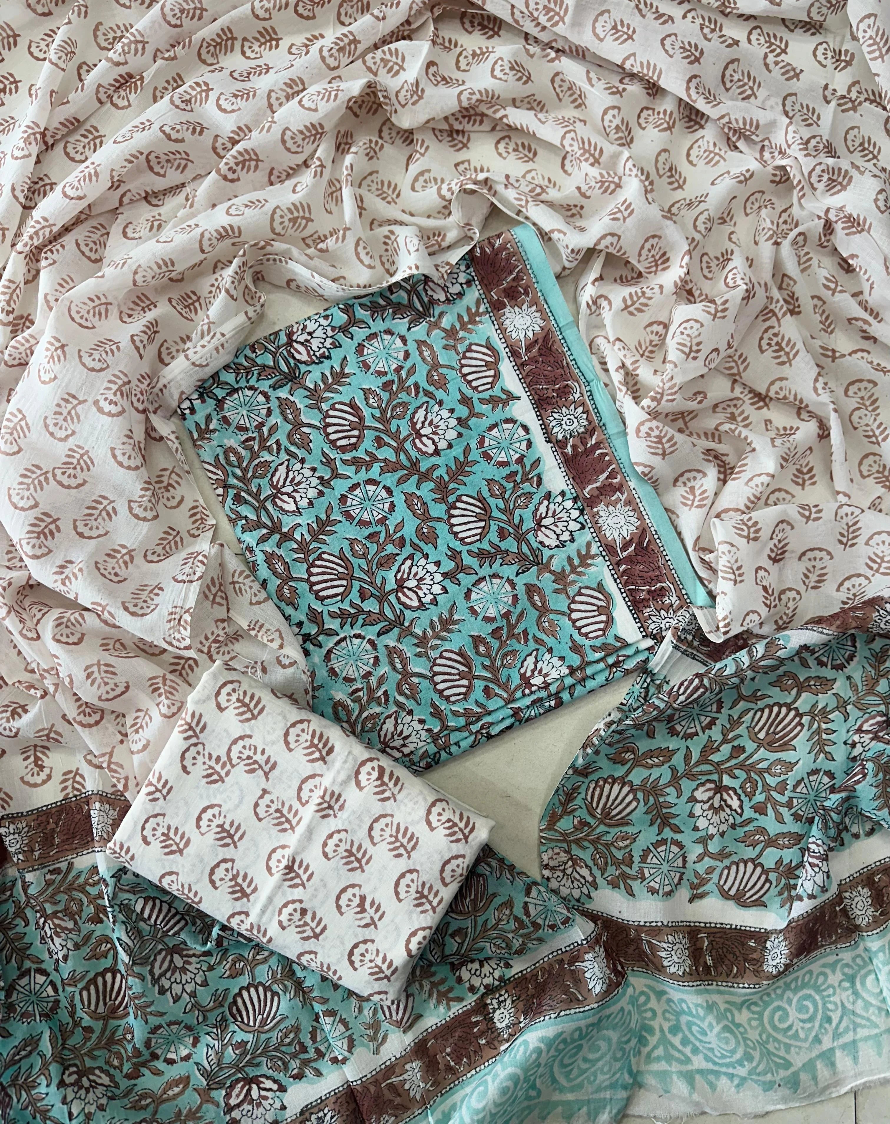 Printed Unstitched Cotton Salwar Suit With Mulmul Dupatta