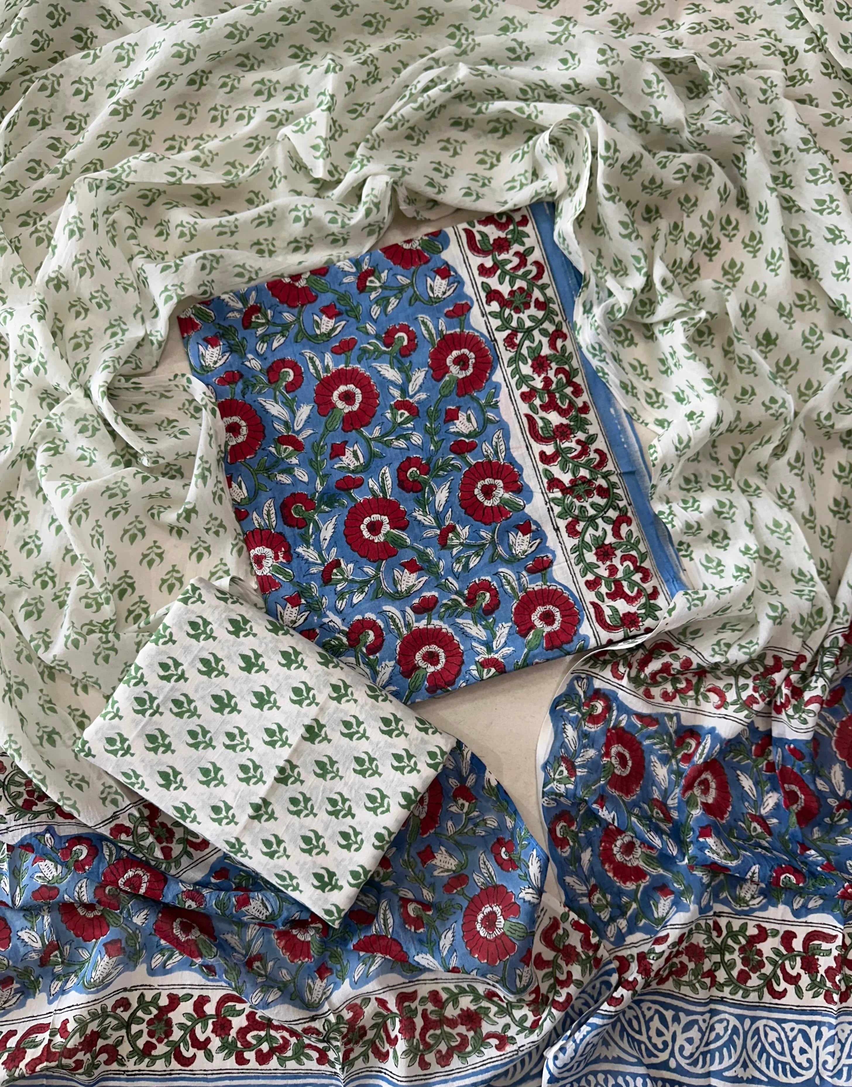 Printed Unstitched Cotton Salwar Suit With Mulmul Dupatta