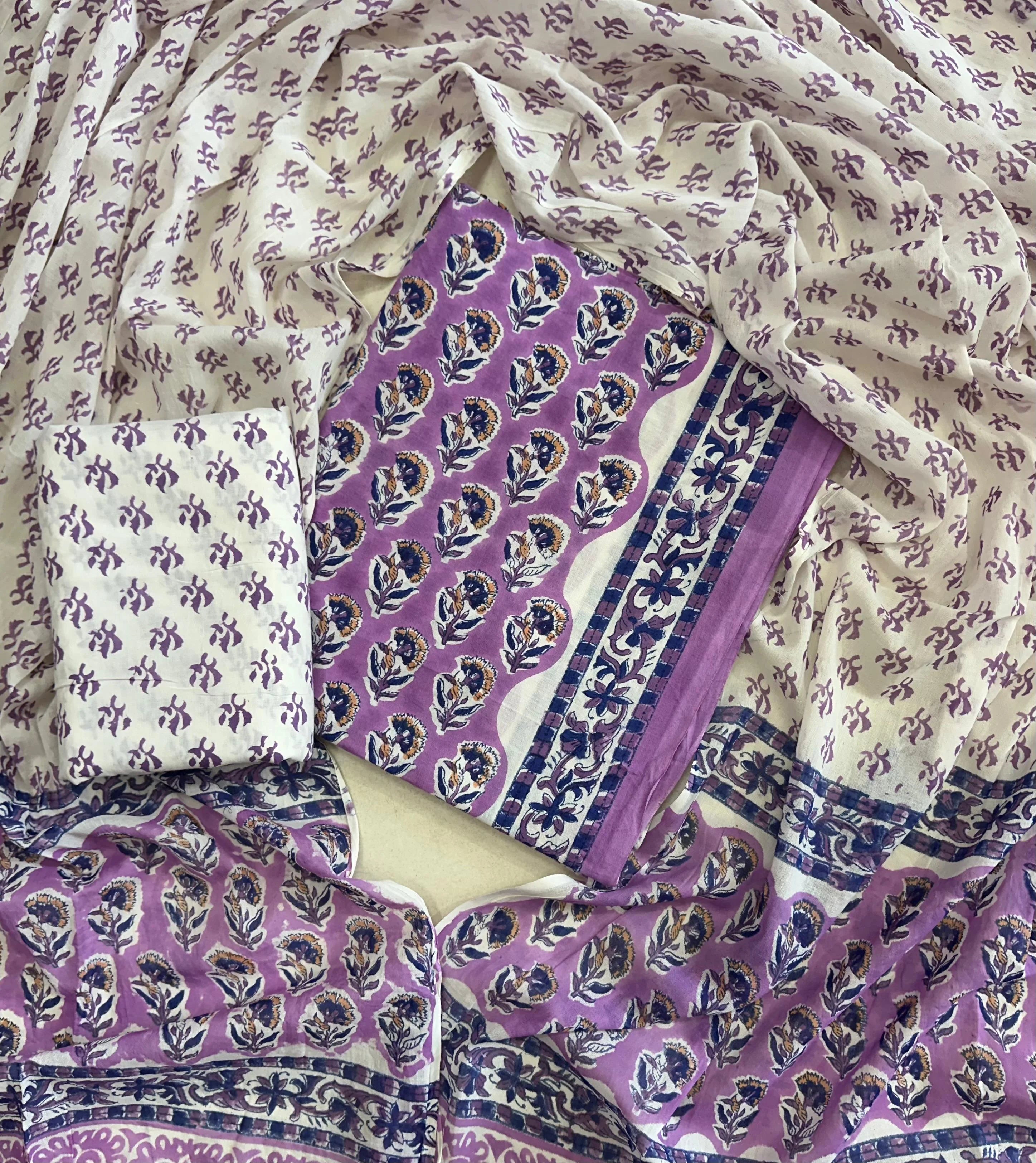 Printed Unstitched Cotton Salwar Suit With Mulmul Dupatta