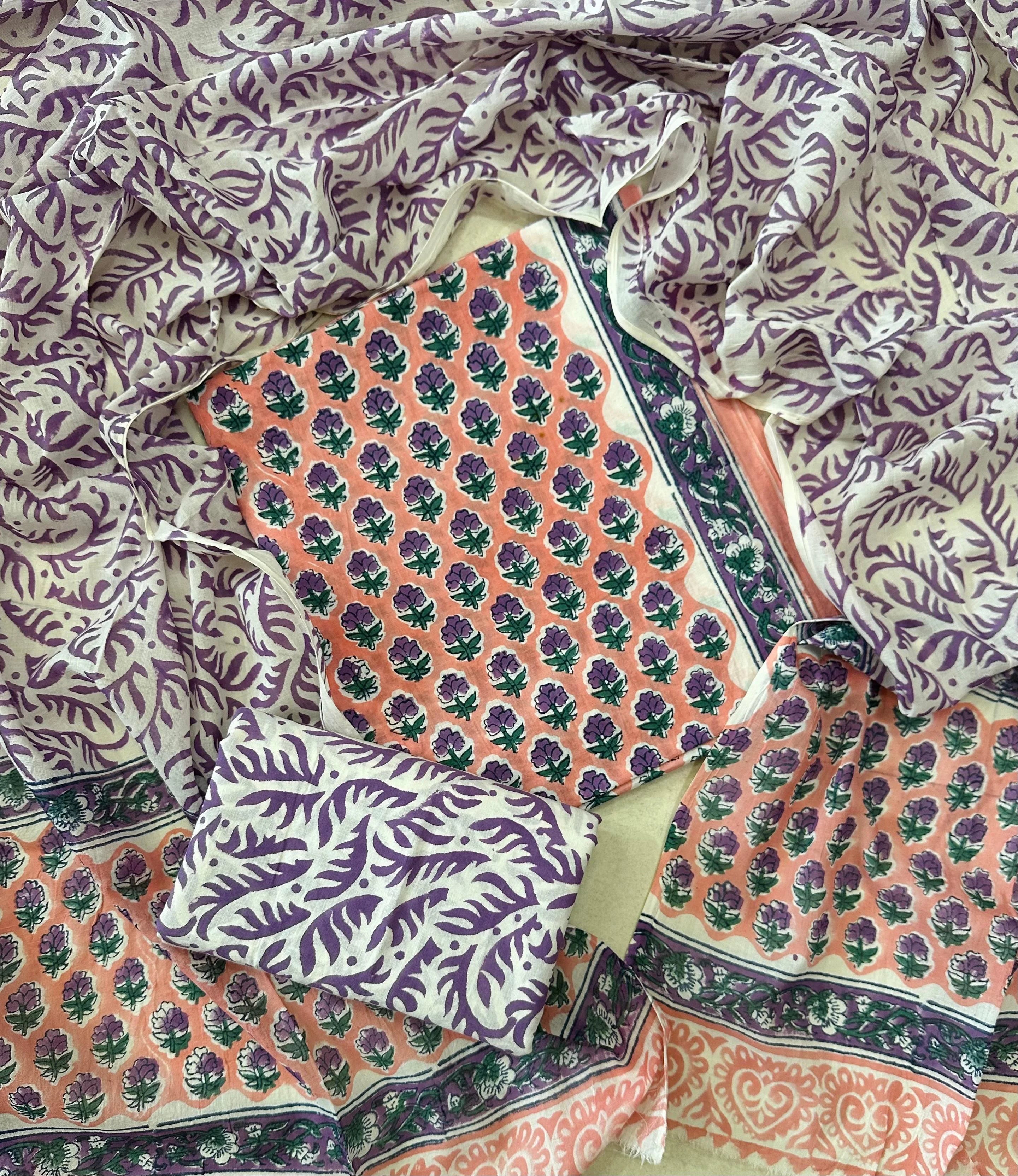 Printed Unstitched Cotton Salwar Suit With Mulmul Dupatta
