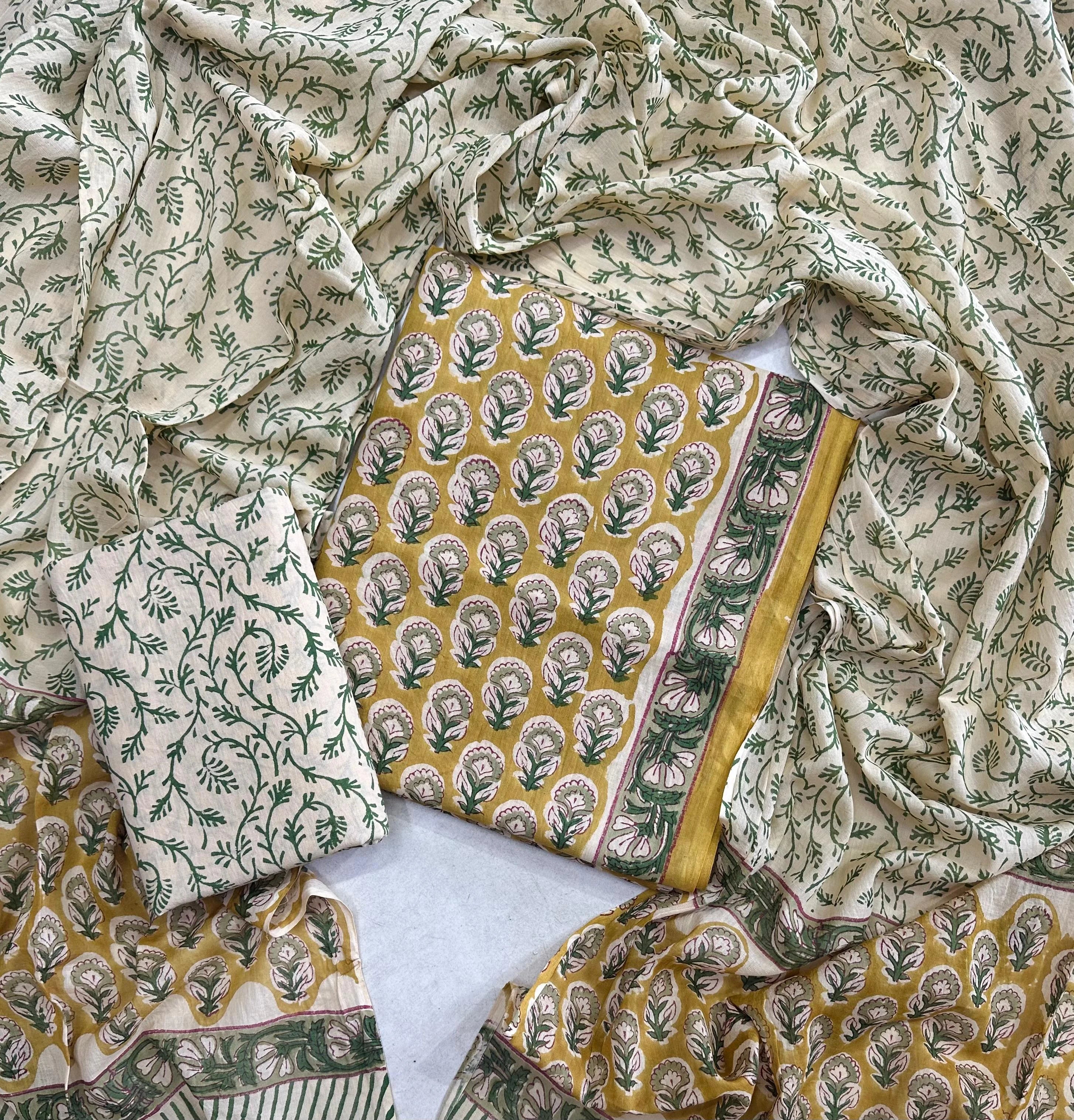 Printed Unstitched Cotton Salwar Suit With Mulmul Dupatta