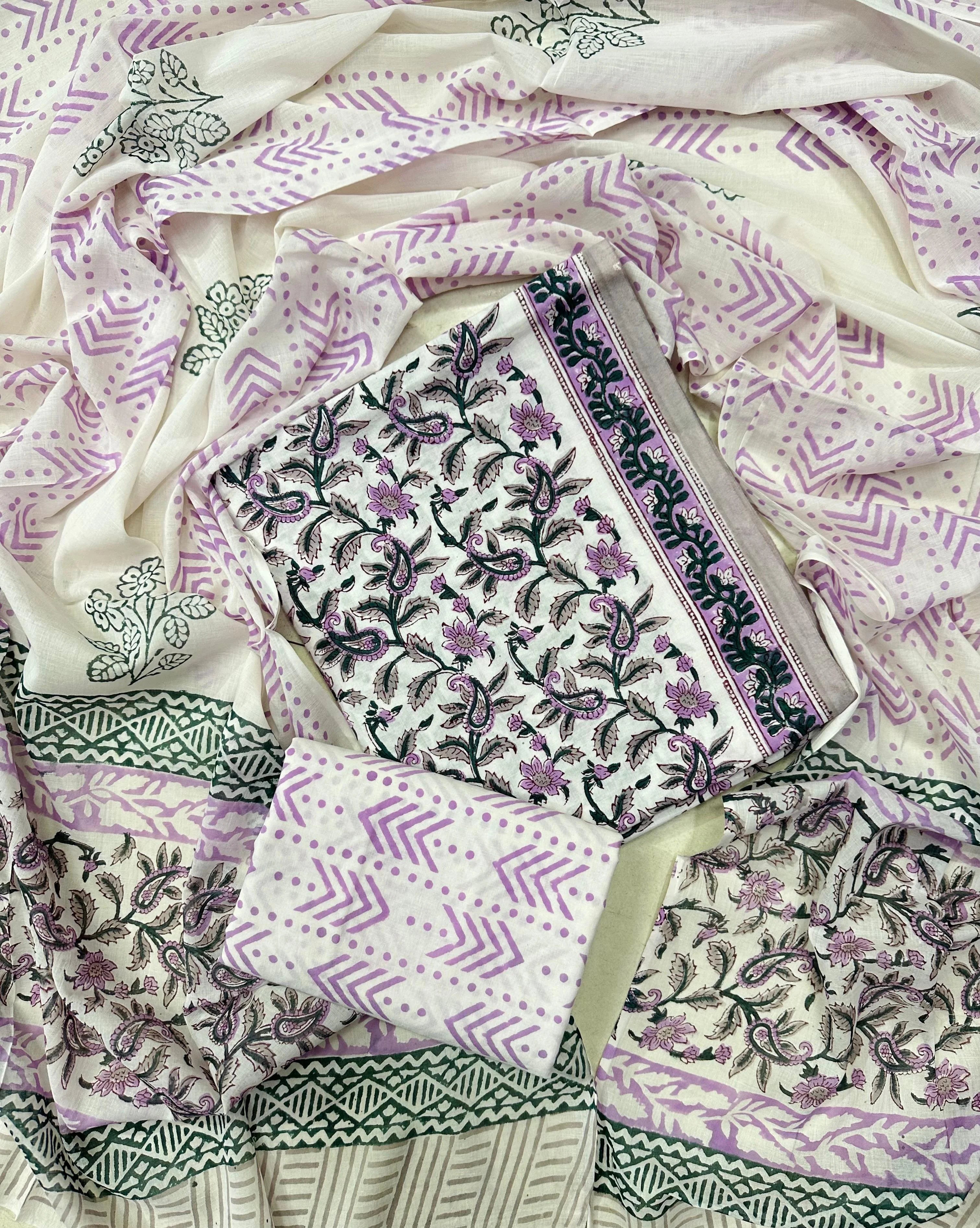 Printed Unstitched Cotton Salwar Suit With Mulmul Dupatta