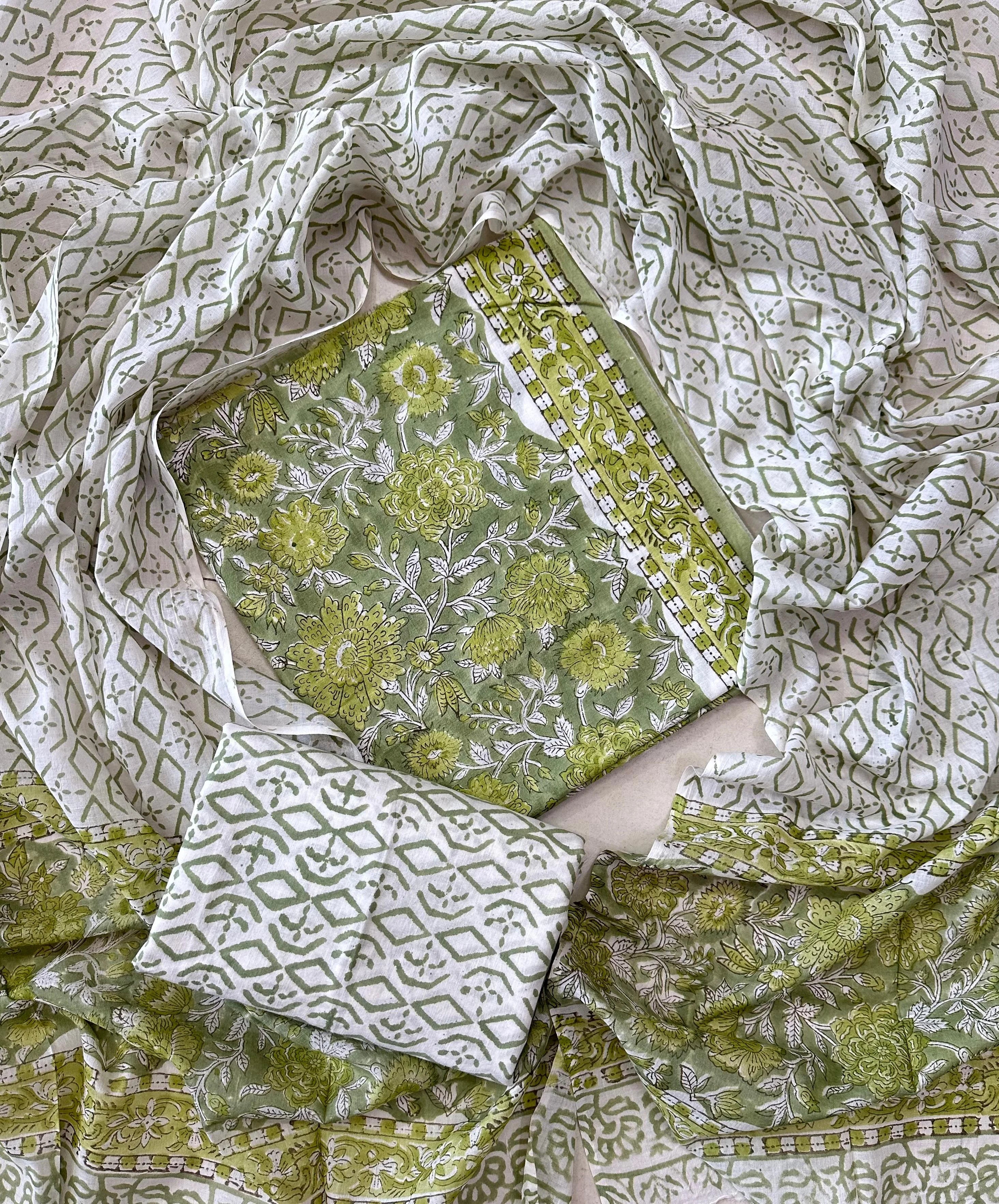 Printed Unstitched Cotton Salwar Suit With Mulmul Dupatta