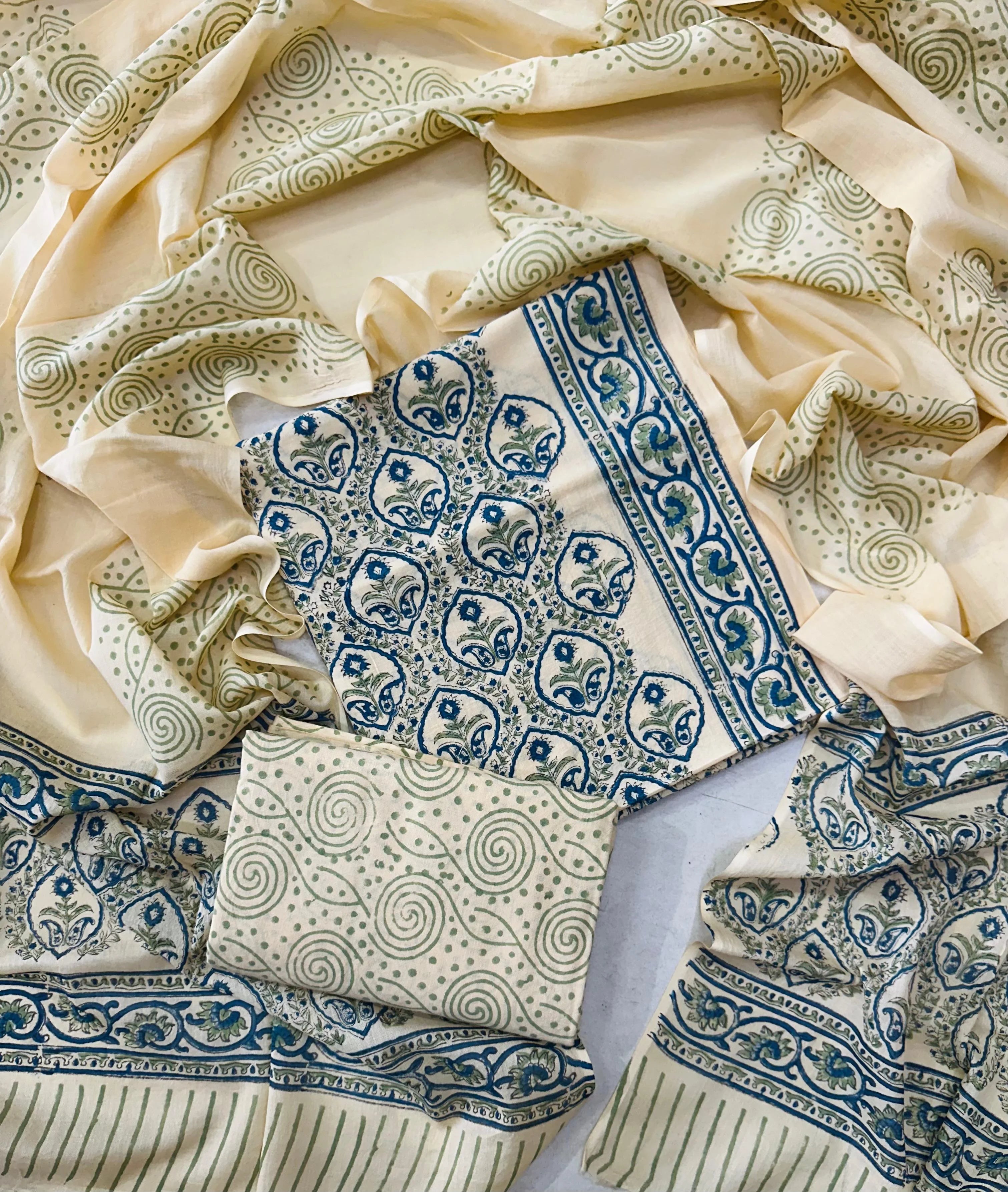 Printed Unstitched Cotton Salwar Suit With Mulmul Dupatta
